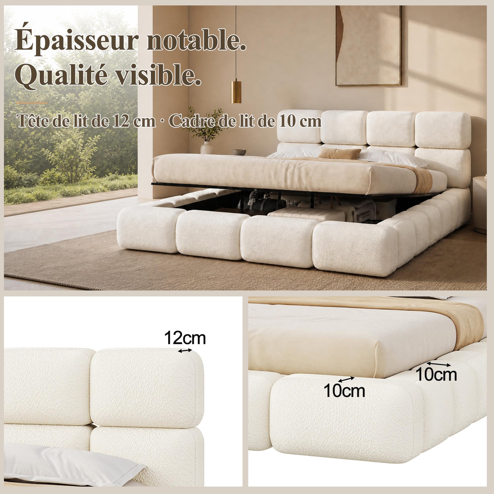 Voir la diapositive 5 : MERAX Lit coffre 200x200 cm double avec sommier tête de lit capitonnée bouclé blanc