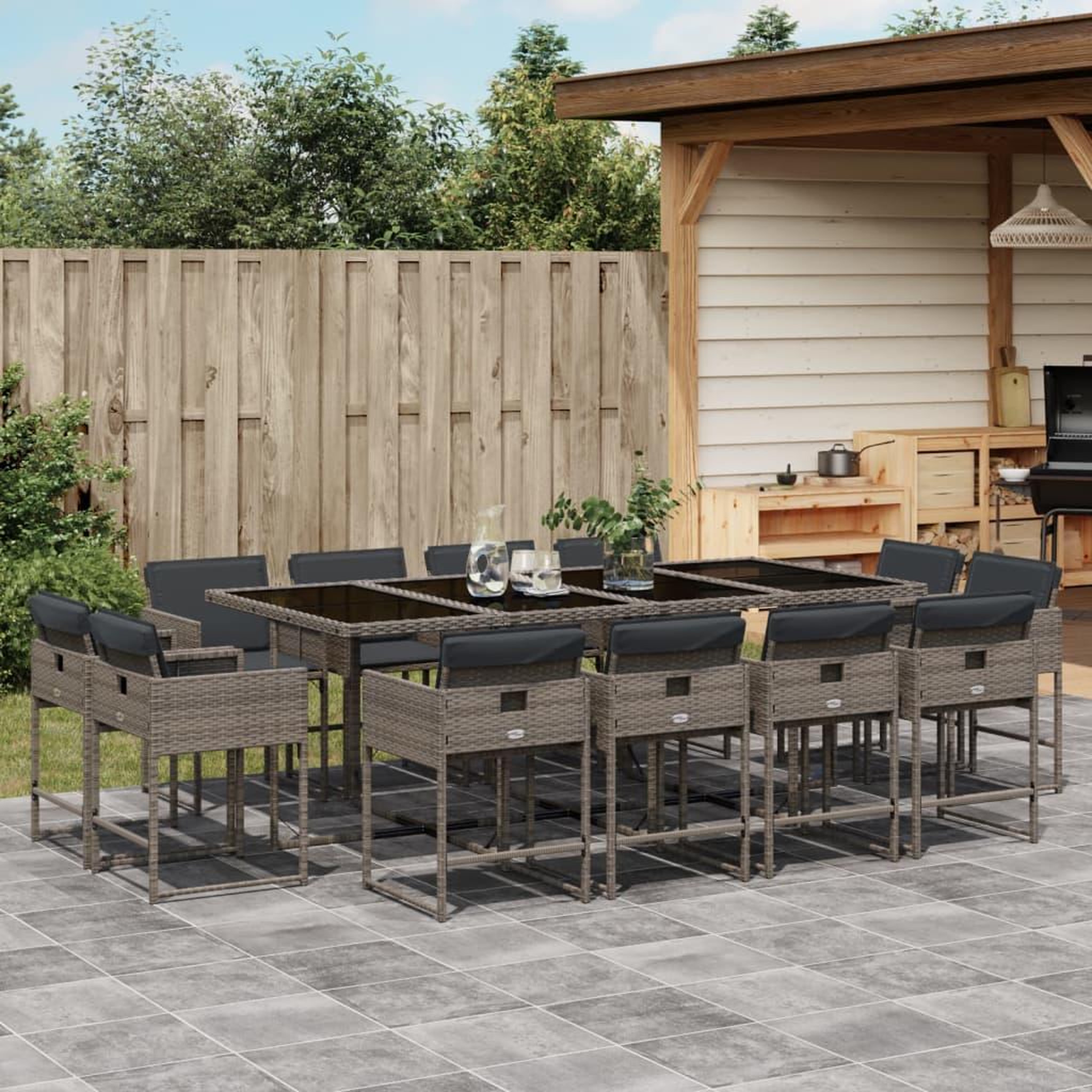VIDAXL Ensemble a manger de jardin coussins 13 pcs gris resine tressee