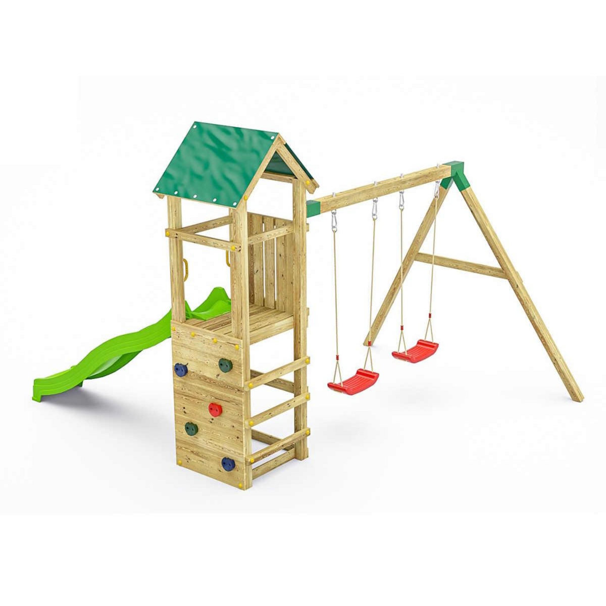 Fungoo Aire de jeux Charly avec balançoire double et mur d'escalade - Fungoo