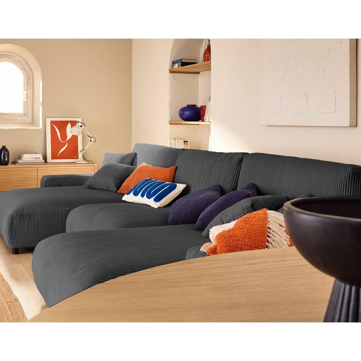 LISA DESIGN Pivoine - canapé panoramique en u - 7 places - convertible avec coffre - en velours côtelé