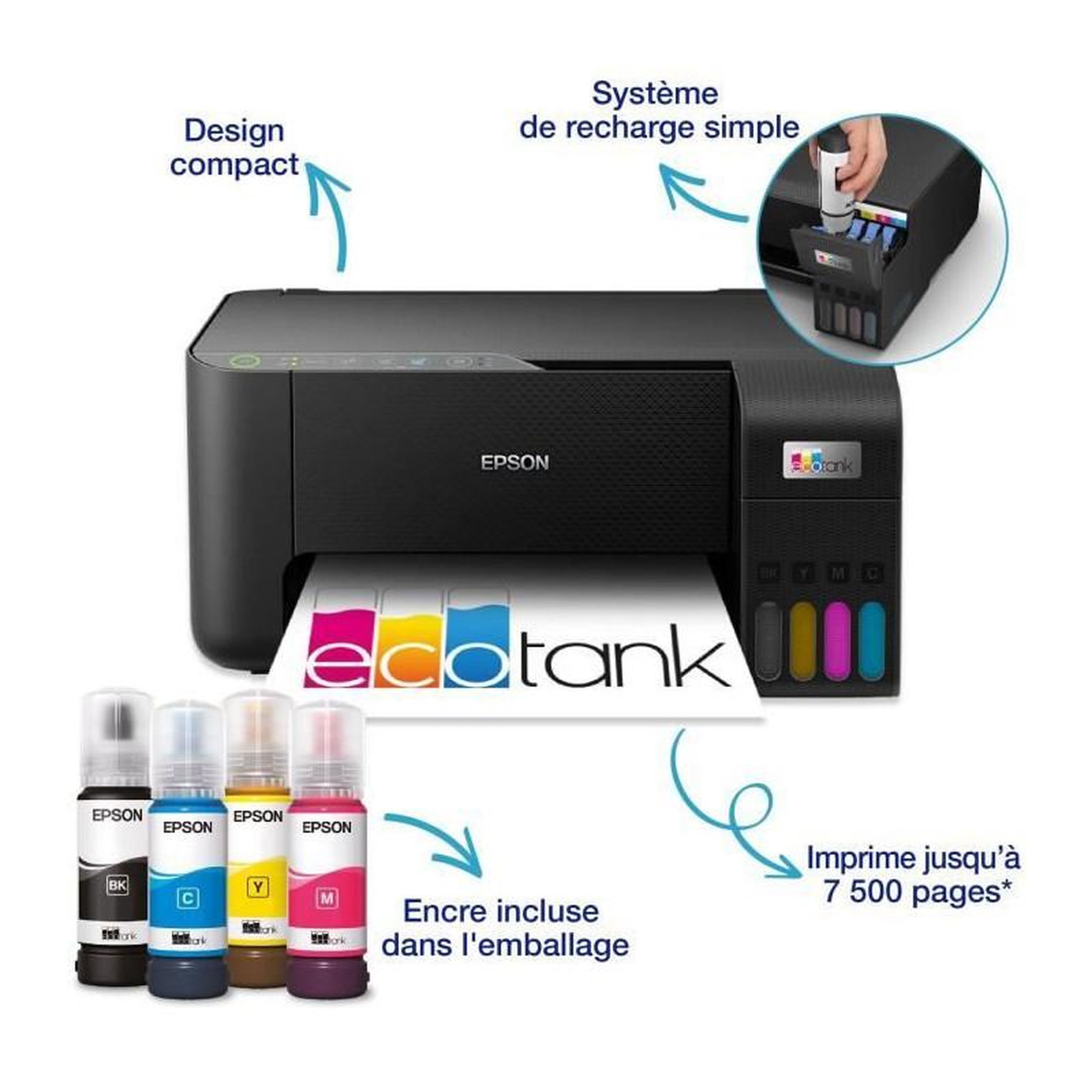 Voir la diapositive 4 : Epson Imprimante multifonction A4 - EPSON - Ecotank ET-2860 - Wi-Fi - Equipée de réservoirs d'encre
