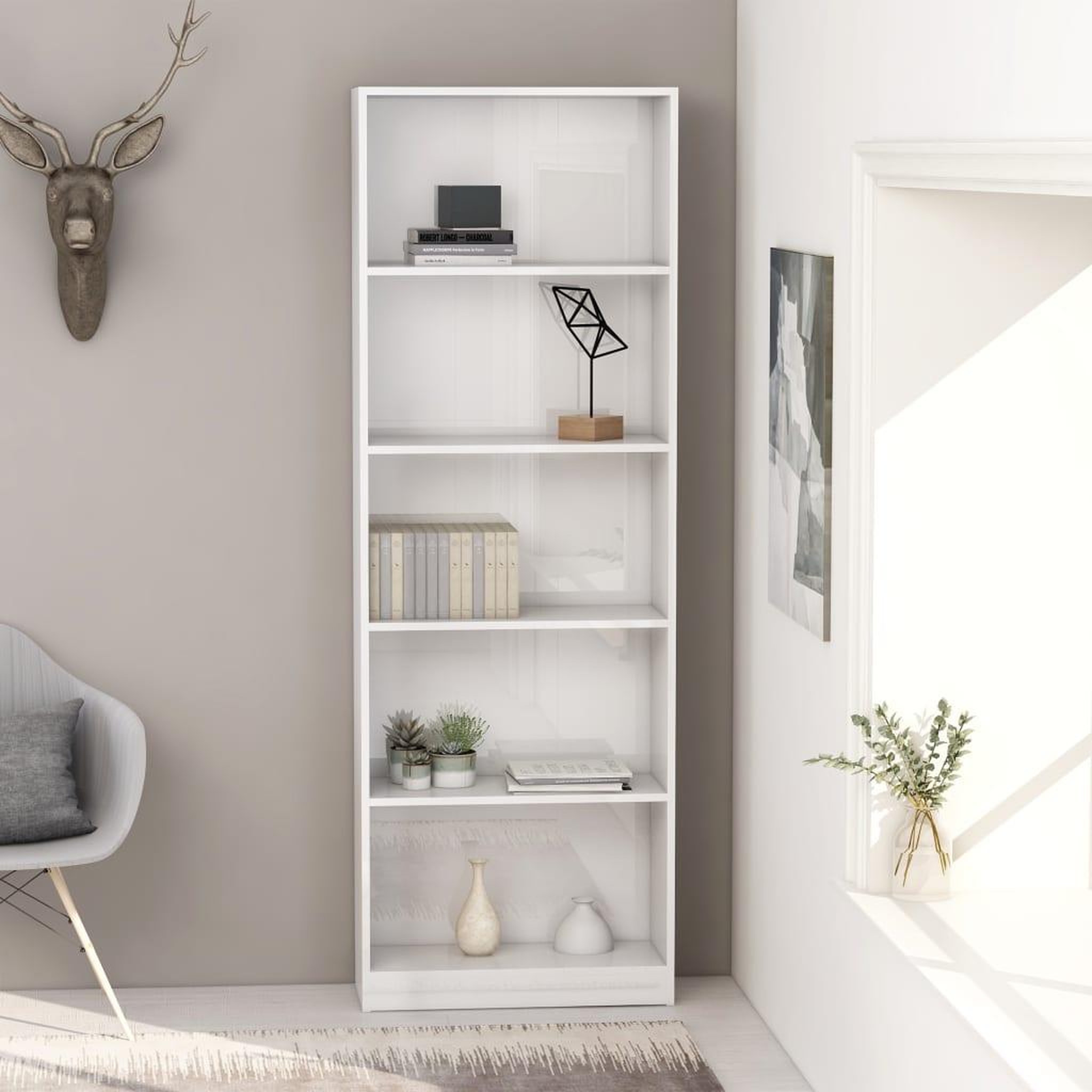 Voir la diapositive 1 : VIDAXL Bibliotheque 5 niveaux blanc brillant Bois d'ingenierie