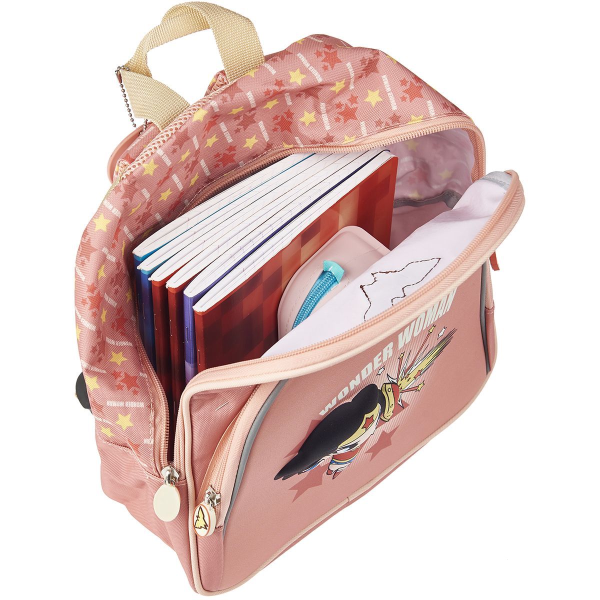 DC COMIC'S Sac maternelle rose avec pochette avant Wonder Woman