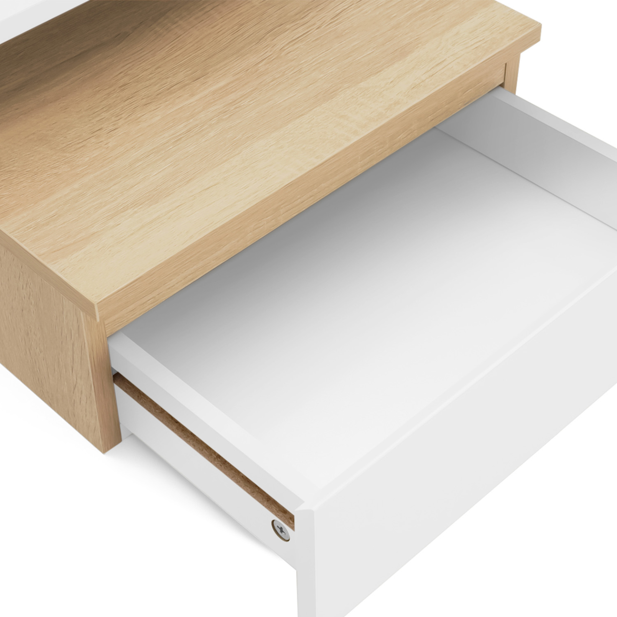 Voir la diapositive 5 : ID MARKET Lot de 2 tables de chevet murales tomi 1 tiroir + 1 tablette étagère suspendue + 1 tablette façon hêtre et blanc