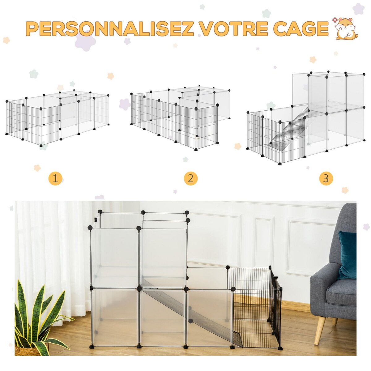 PAWHUT Cage parc enclos modulable rongeurs 2 niveaux 27 panneaux fil métallique noir PP transparent