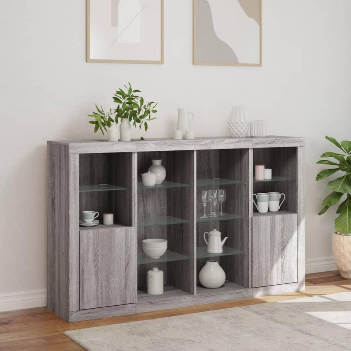 VIDAXL Buffets avec lumieres LED 3 pcs sonoma gris bois d'ingenierie