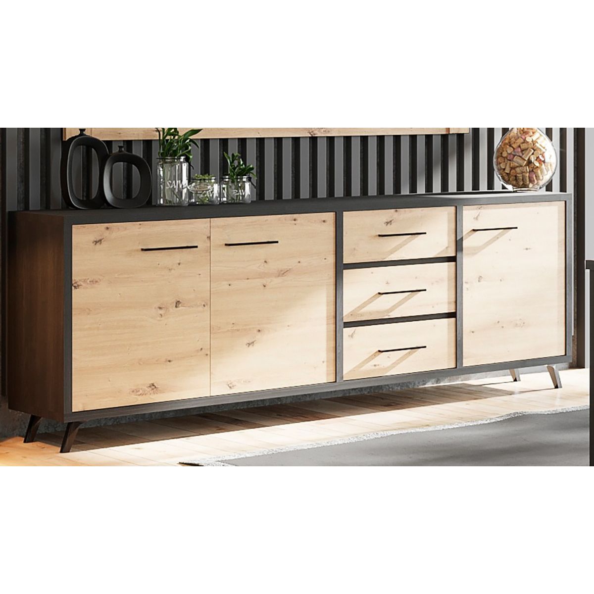 Buffet moderne style industriel 3 portes 3 tiroirs L216cm VIVA 