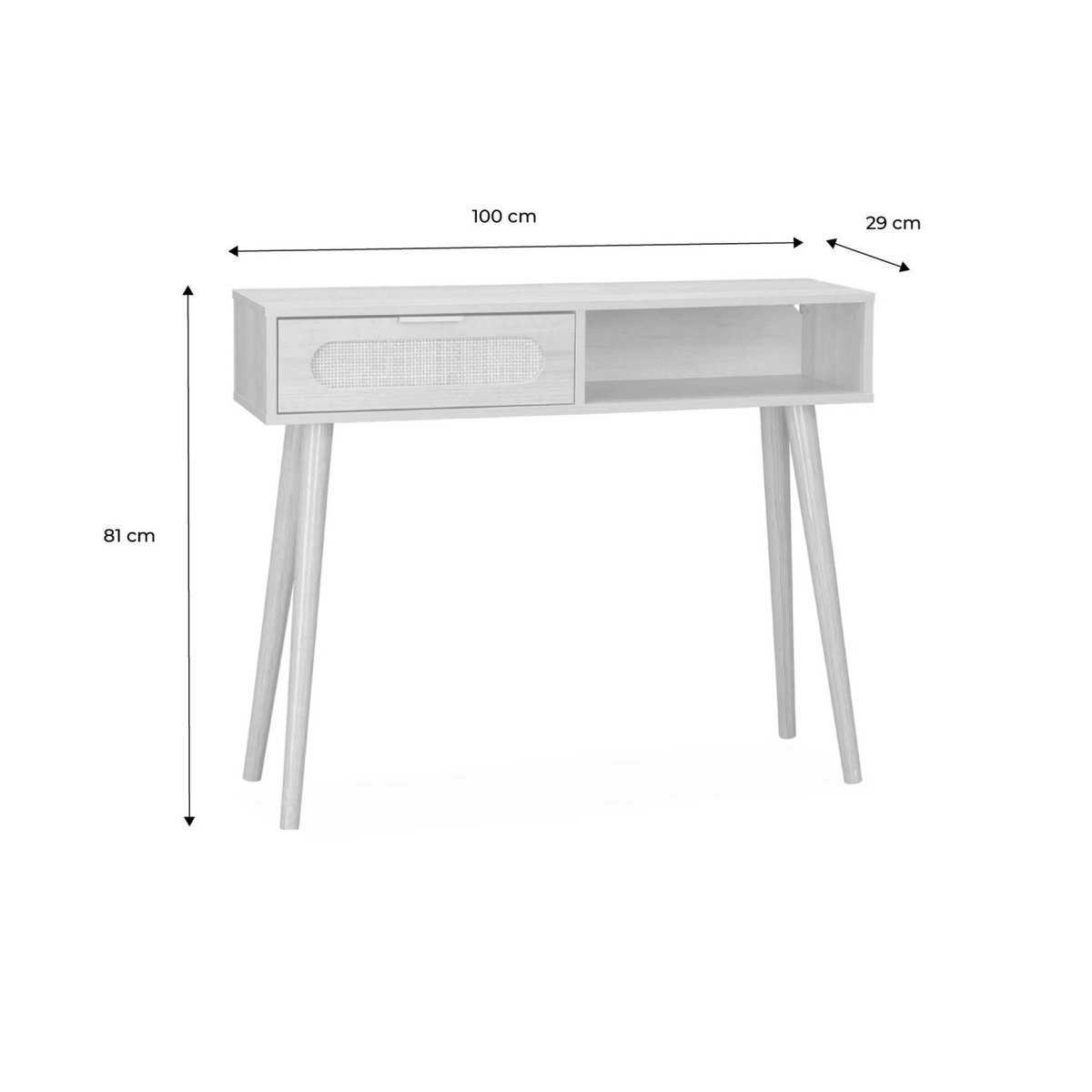 SWEEEK Console décor bois et cannage arrondi . Eva. 1 tiroir. 1 niche. pieds scandinaves. L 100 x l 29 x H 81cm