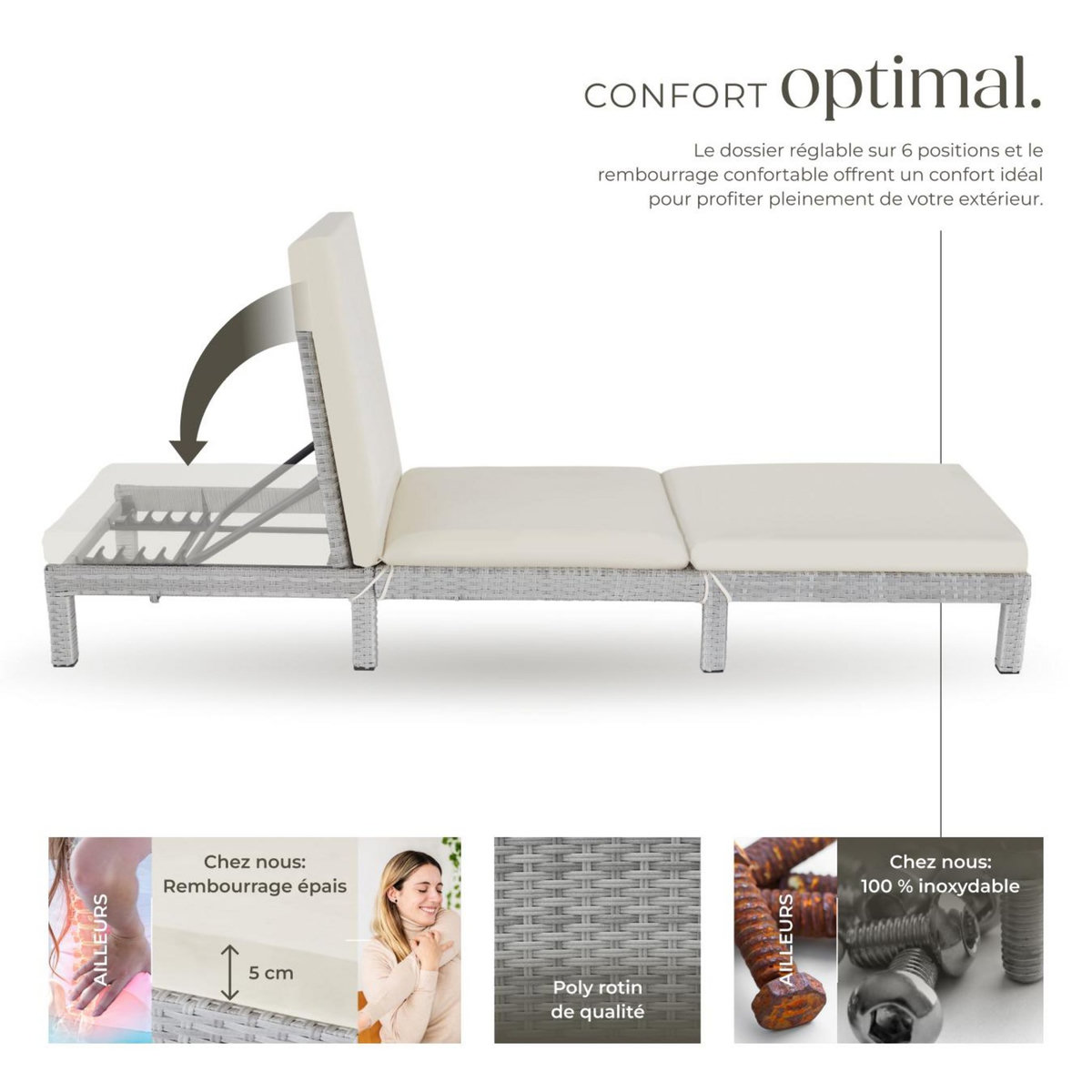 tectake Bain de soleil Transat en rotin Robuste gris clair