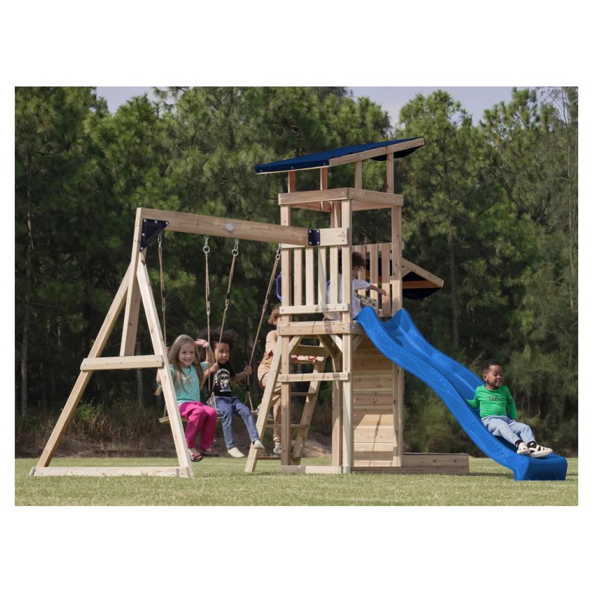 Voir la diapositive 3 : Axi House Portique Malik 2 balançoires + mur toboggan bleu
