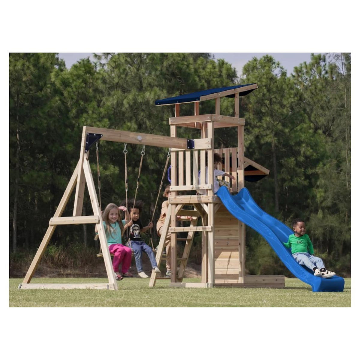 Axi House Portique Malik 2 balançoires + mur toboggan bleu