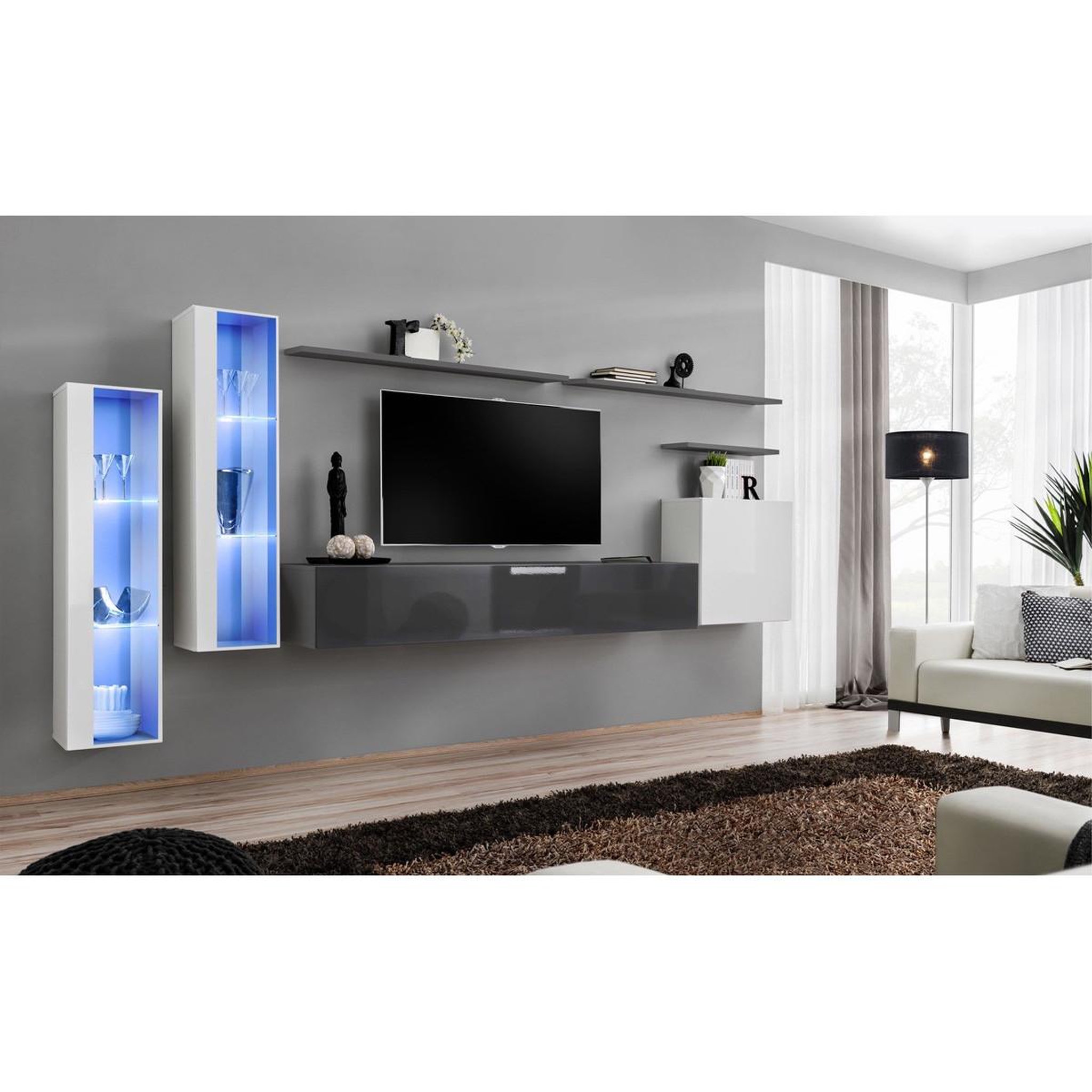 Voir la diapositive 2 : Paris Prix Meuble TV Mural Design  Switch XI  330cm Blanc & Gris