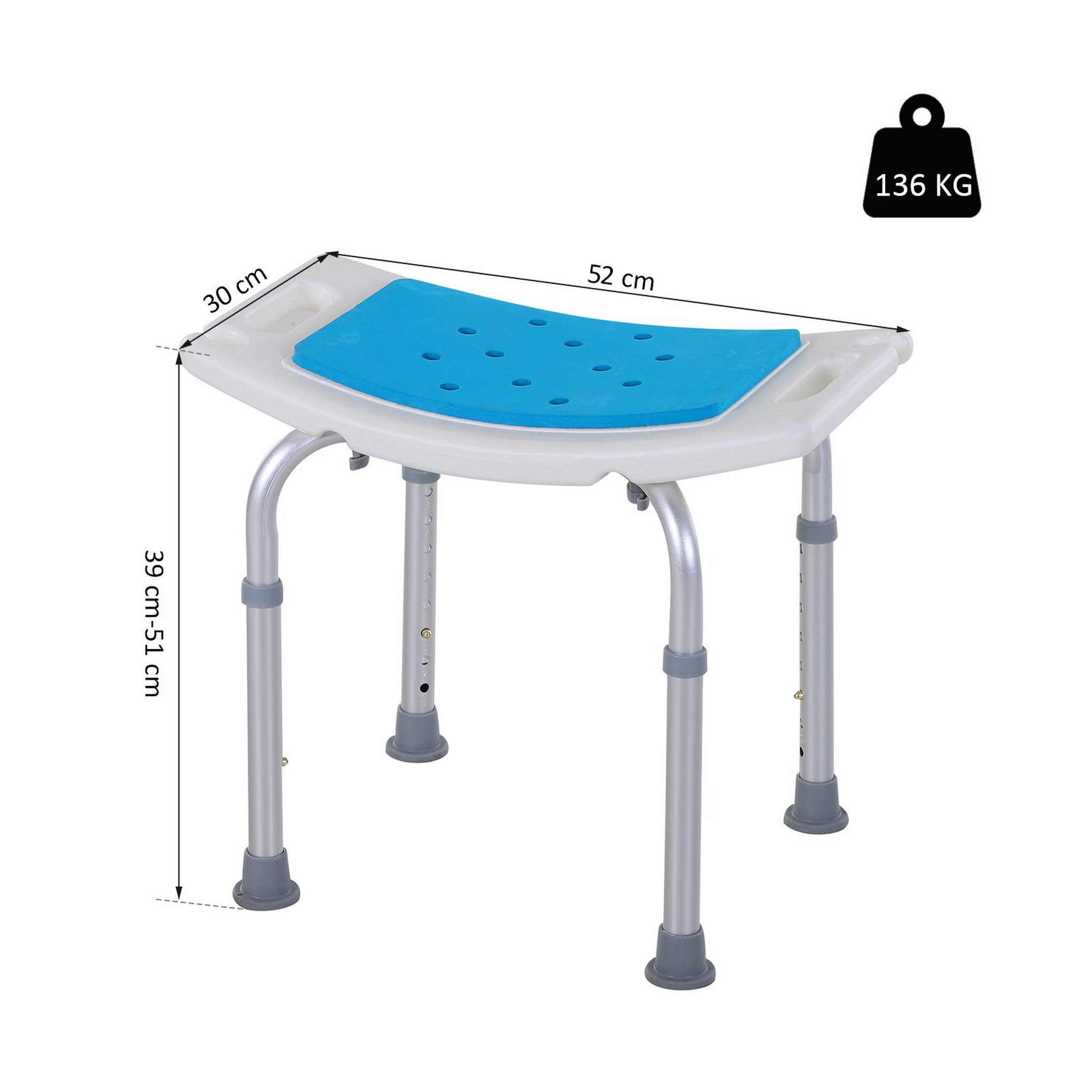 Voir la diapositive 3 : HOMCOM Siège de douche réglable en hauteur tabouret de douche ergonomique pieds antidérapants charge max. 135 kg alu hdpe blanc bleu