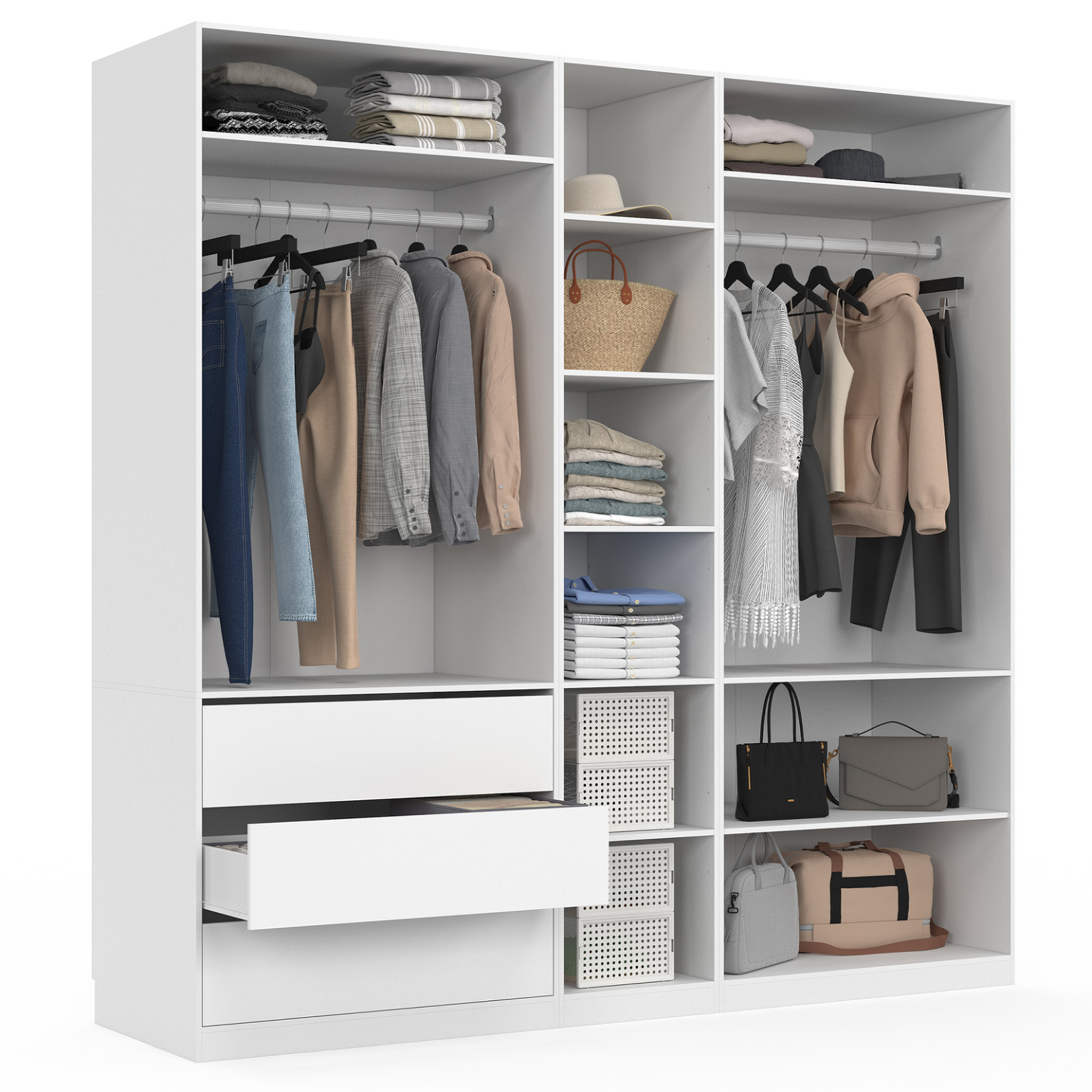 ID MARKET Dressing modulable taylor 200 x 55 x 200 cm 3 modules avec penderies + étagères + tiroirs blanc