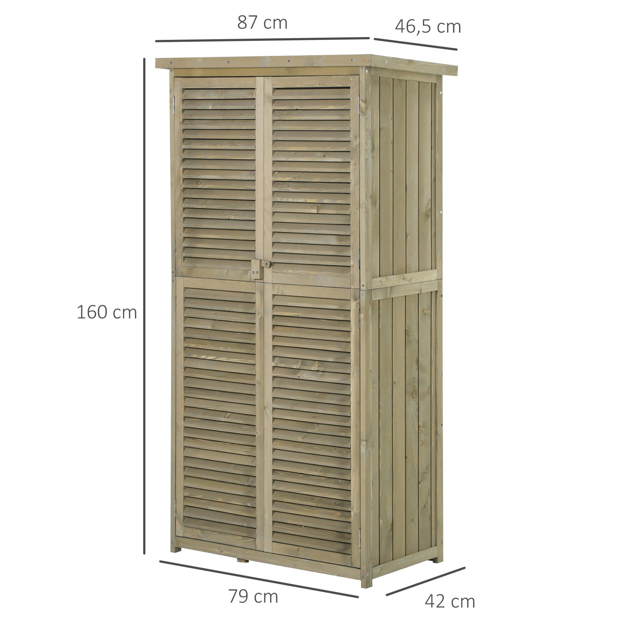 Voir la diapositive 3 : OUTSUNNY Armoire de jardin abri jardin remise pour outils sur pied dim. 79L x 42l x 160H cm 2 étagères portes persiennes toit bitumé étanche bois pin autoclave gris