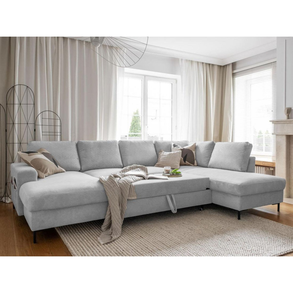 BEST MOBILIER Lilly - canapé panoramique d'angle droit - 7 places - convertible avec coffre - en velours côtelé