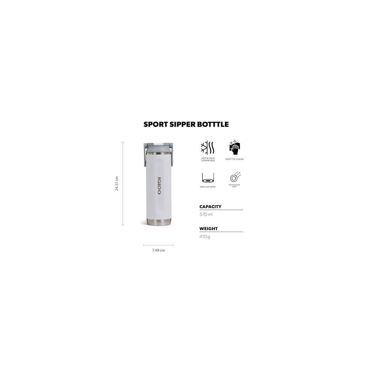IGLOO Igloo Gourde Isotherme Sipper 20 En Acier Inoxydable 0,6 L Isolée Etanche Blanc
