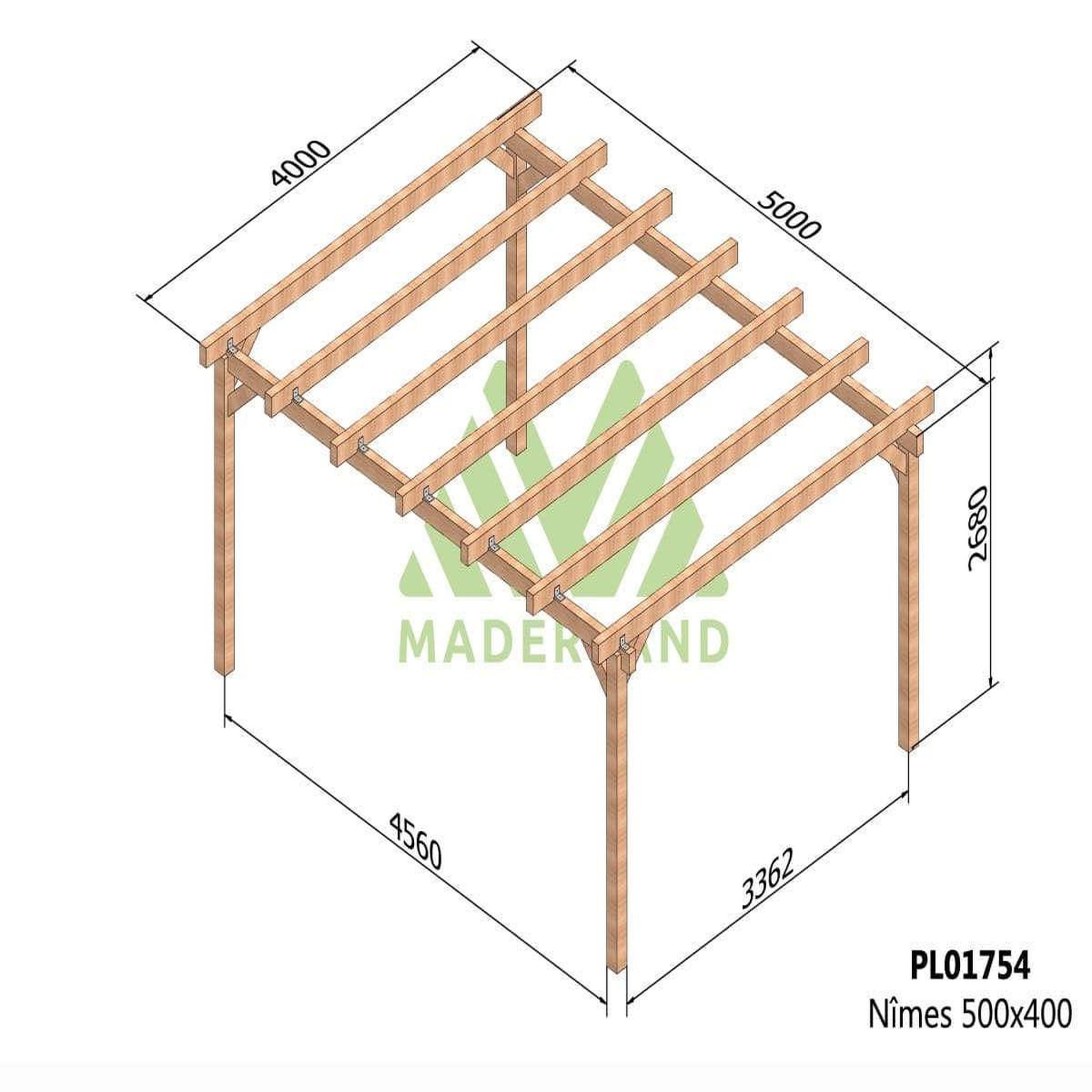 Voir la diapositive 2 : JARDIDECO Carport en bois lamellé-collé nîmes 500 x 400 cm - maderland