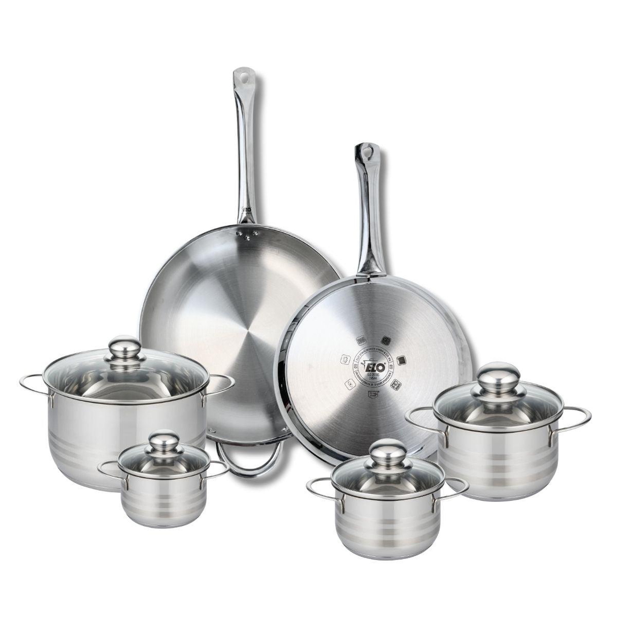 ELO Ensemble de 2 poêles de cuisson 28 et 32 cm et 4 faitouts 12, 14, 16 et 20 cm elo profi brillant