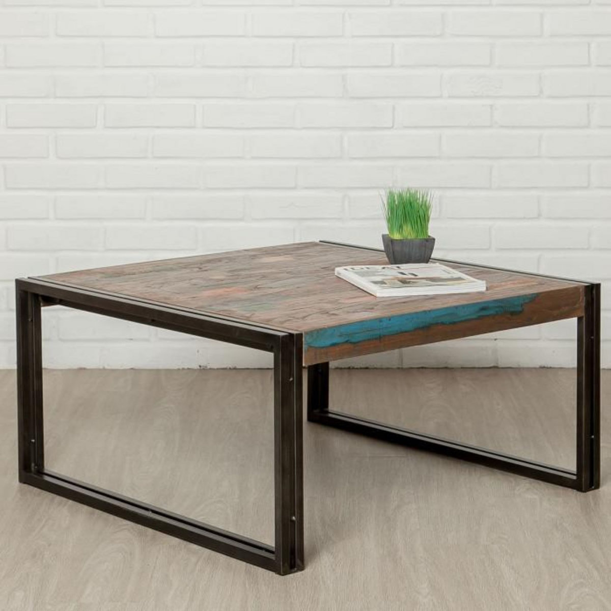 Paris Prix Table Basse Carré en Teck Industriel  Loft  80cm Naturel