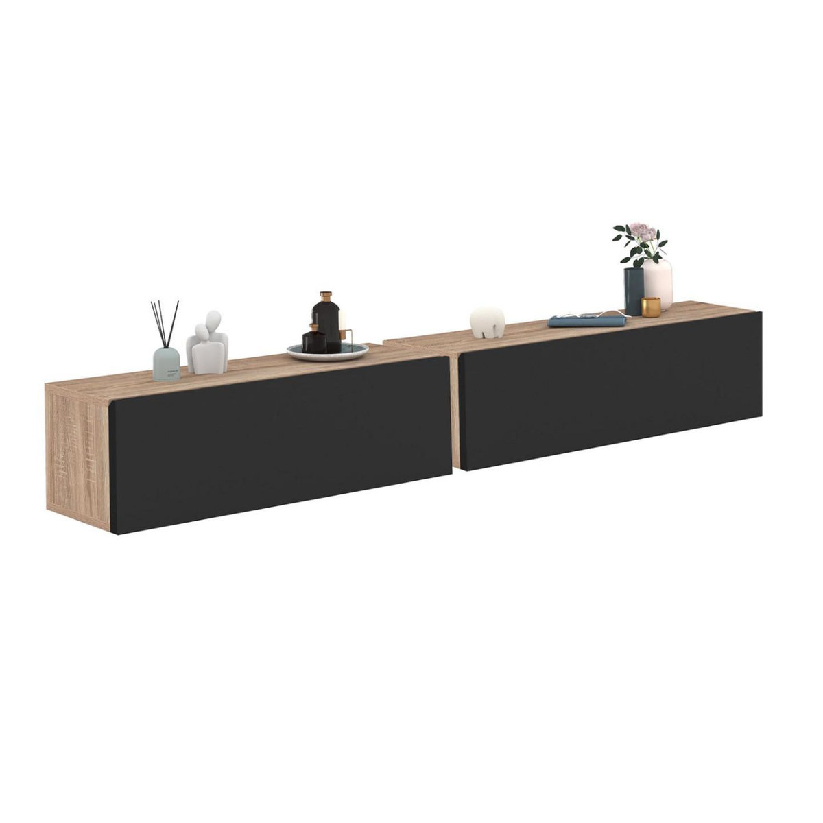 ID MARKET Lot de 2 consoles suspendues étagères murales ELYOS 1 porte bois et noir