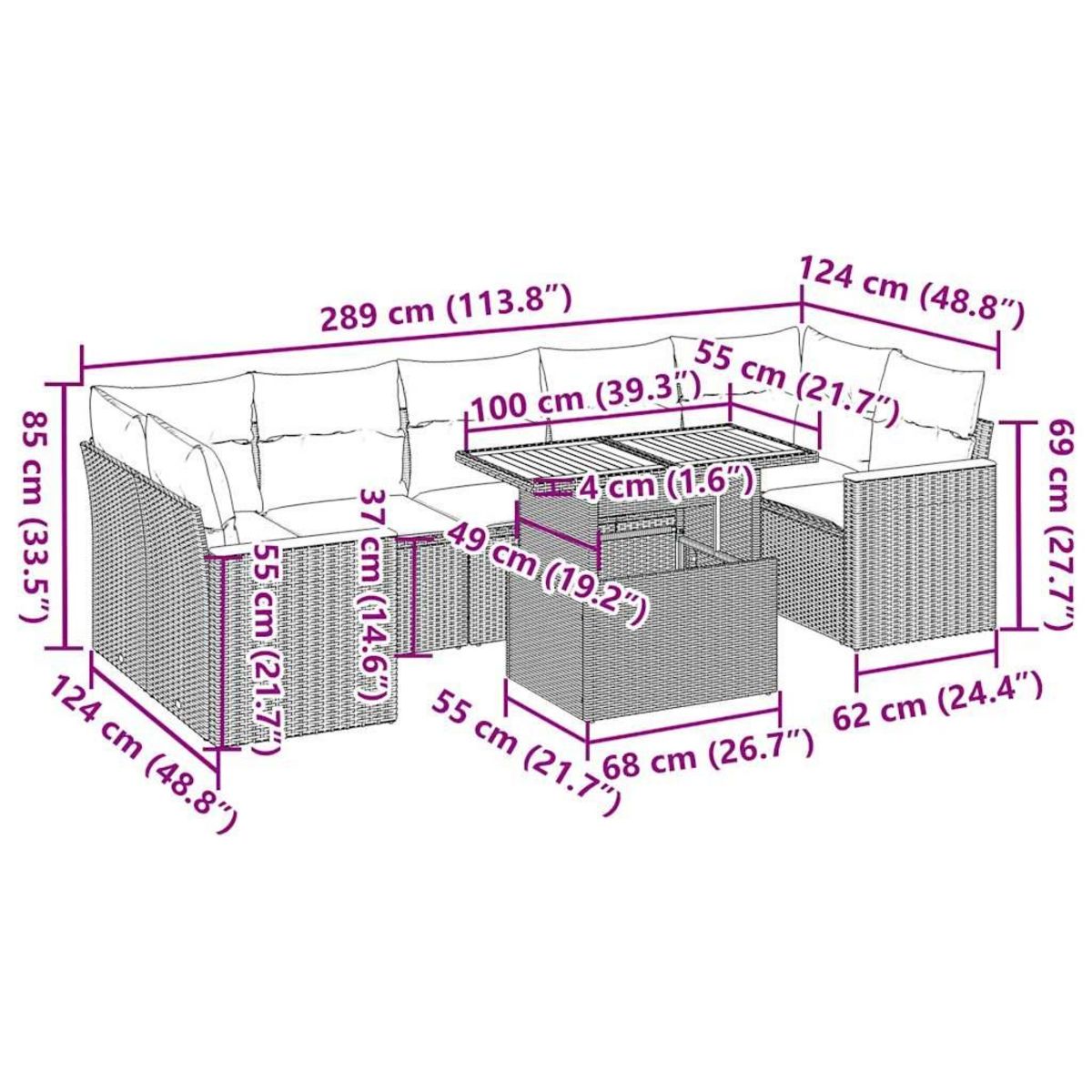 VIDAXL Salon de jardin avec coussins 8 pcs beige resine tressee acacia