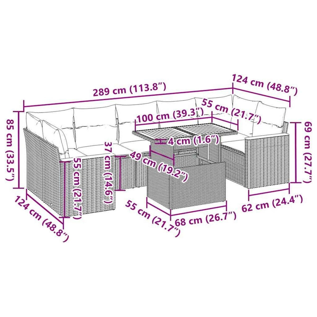 VIDAXL Salon de jardin avec coussins 8 pcs beige resine tressee acacia