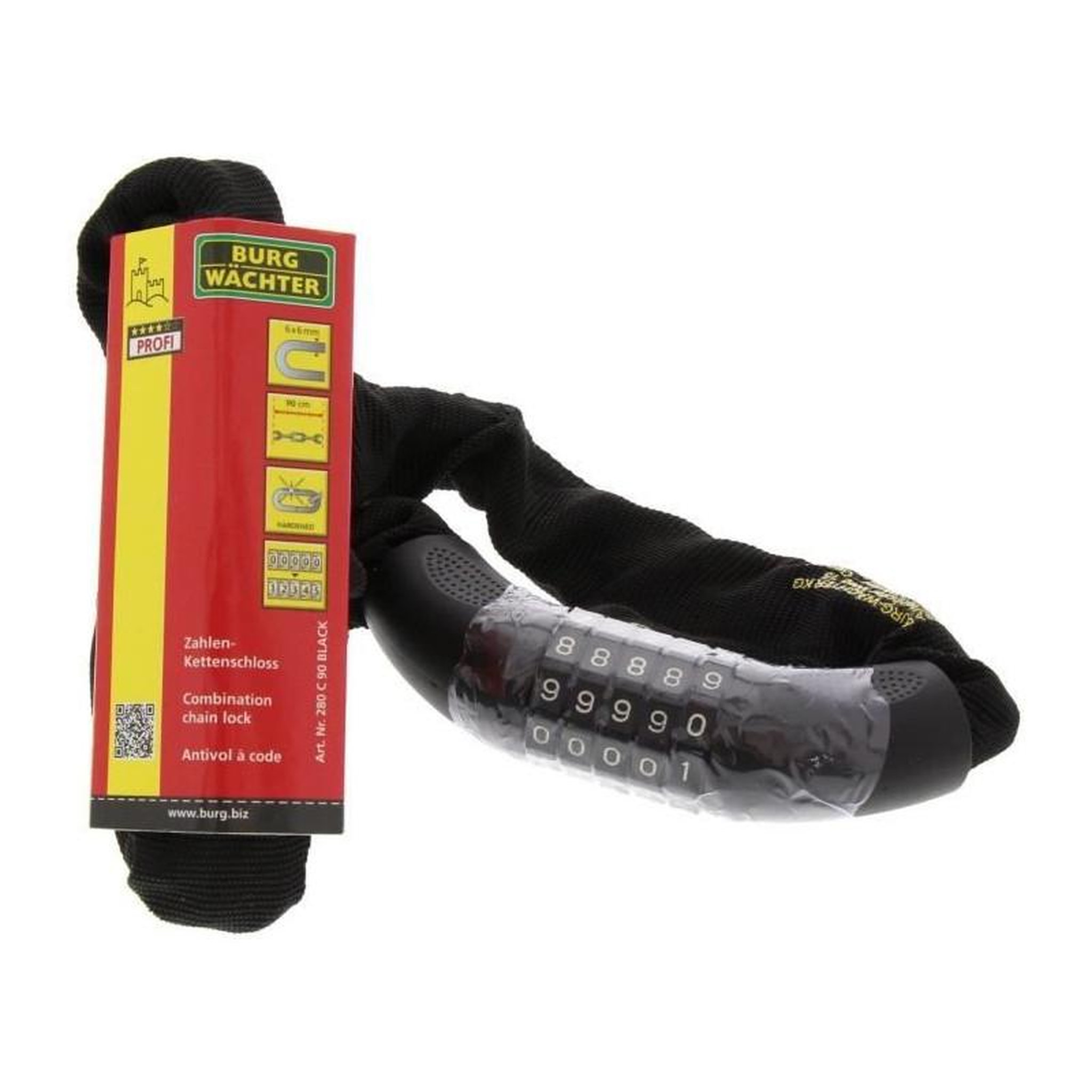 Voir la diapositive 5 : BURG WACHTER Antivol vélo chaîne - BURG WACHTER - 280 C 90 BLACK - Acier 6 mm, gainé, code