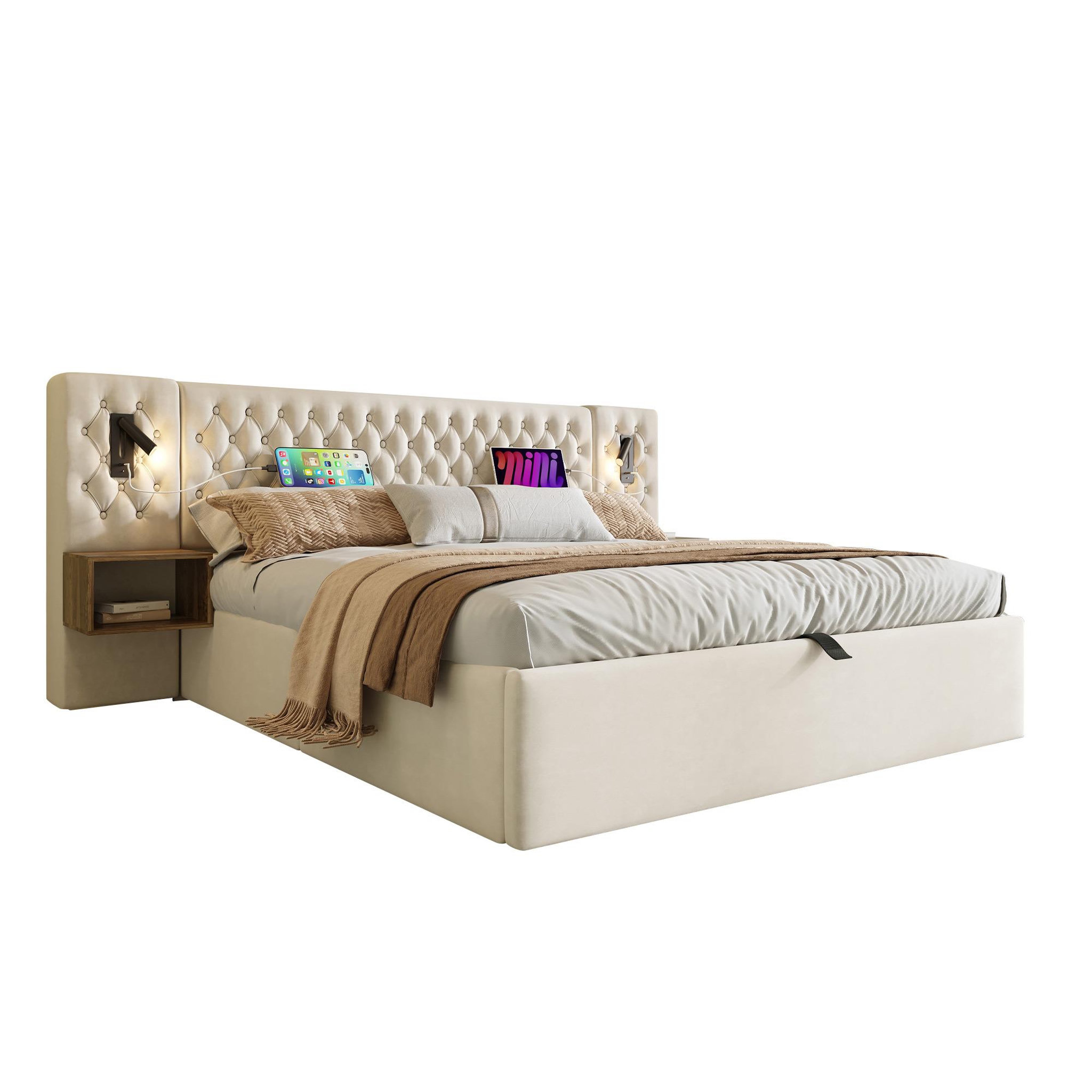 Voir la diapositive 1 : MERAX Lit coffre velours avec 2 chevets, liseuses led usb et tête de lit