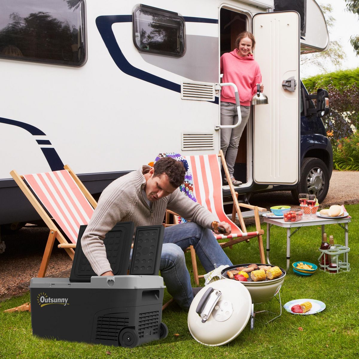 OUTSUNNY Glacière électrique portable  27 L - congélateur/réfrigérateur 2 zones - poignée, roulettes - gris noir