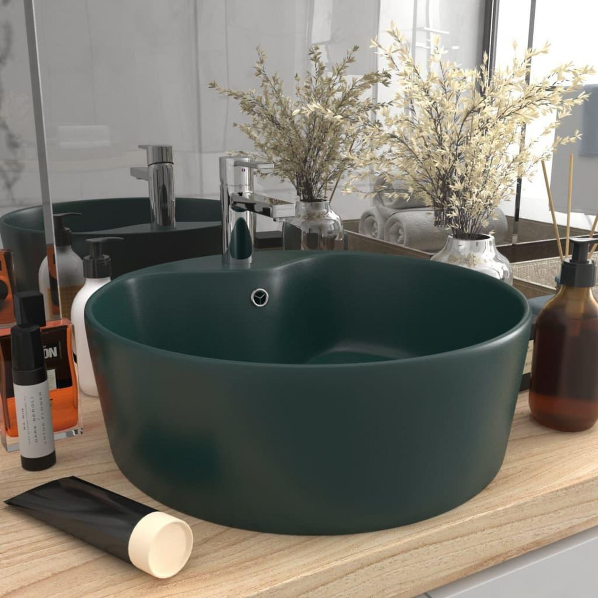 VIDAXL Lavabo de luxe avec trop-plein Vert fonce mat 36x13cm Ceramique
