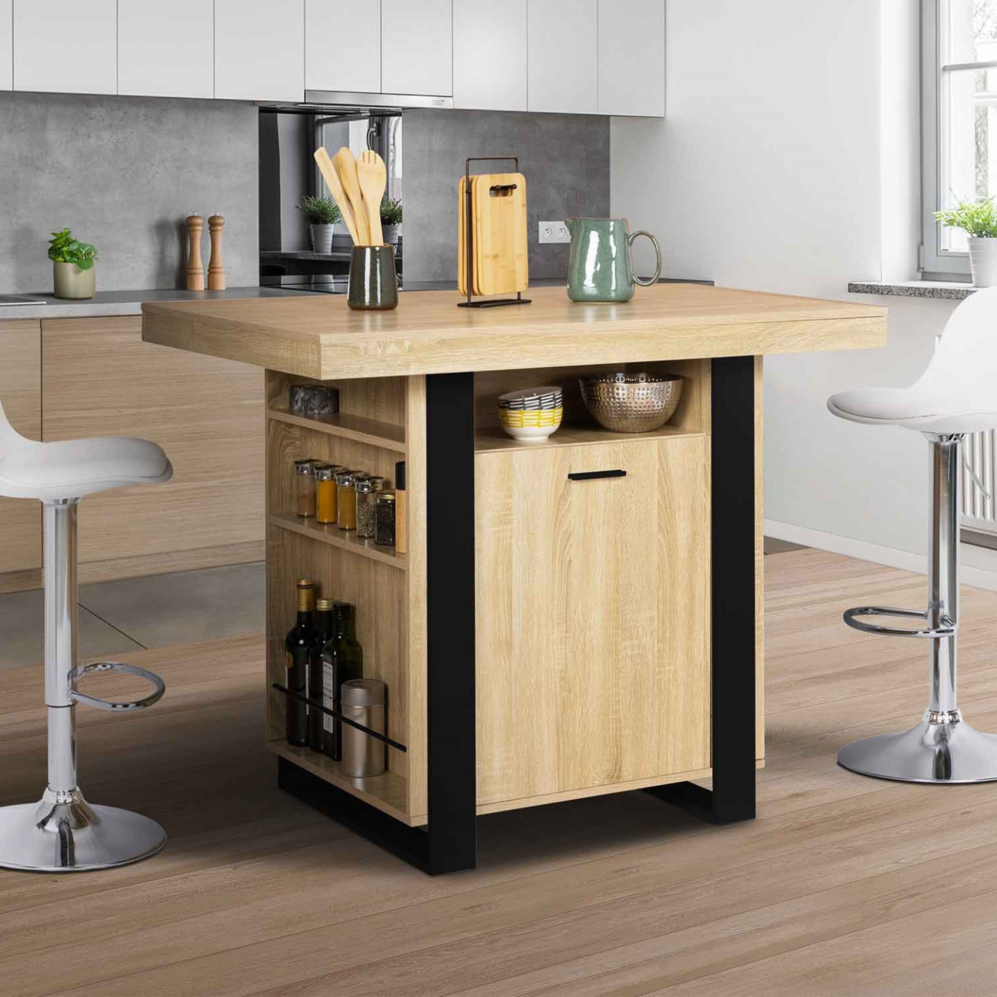 Voir la diapositive 2 : ID MARKET Ilot central phoenix 110 cm bois et noir avec rangements