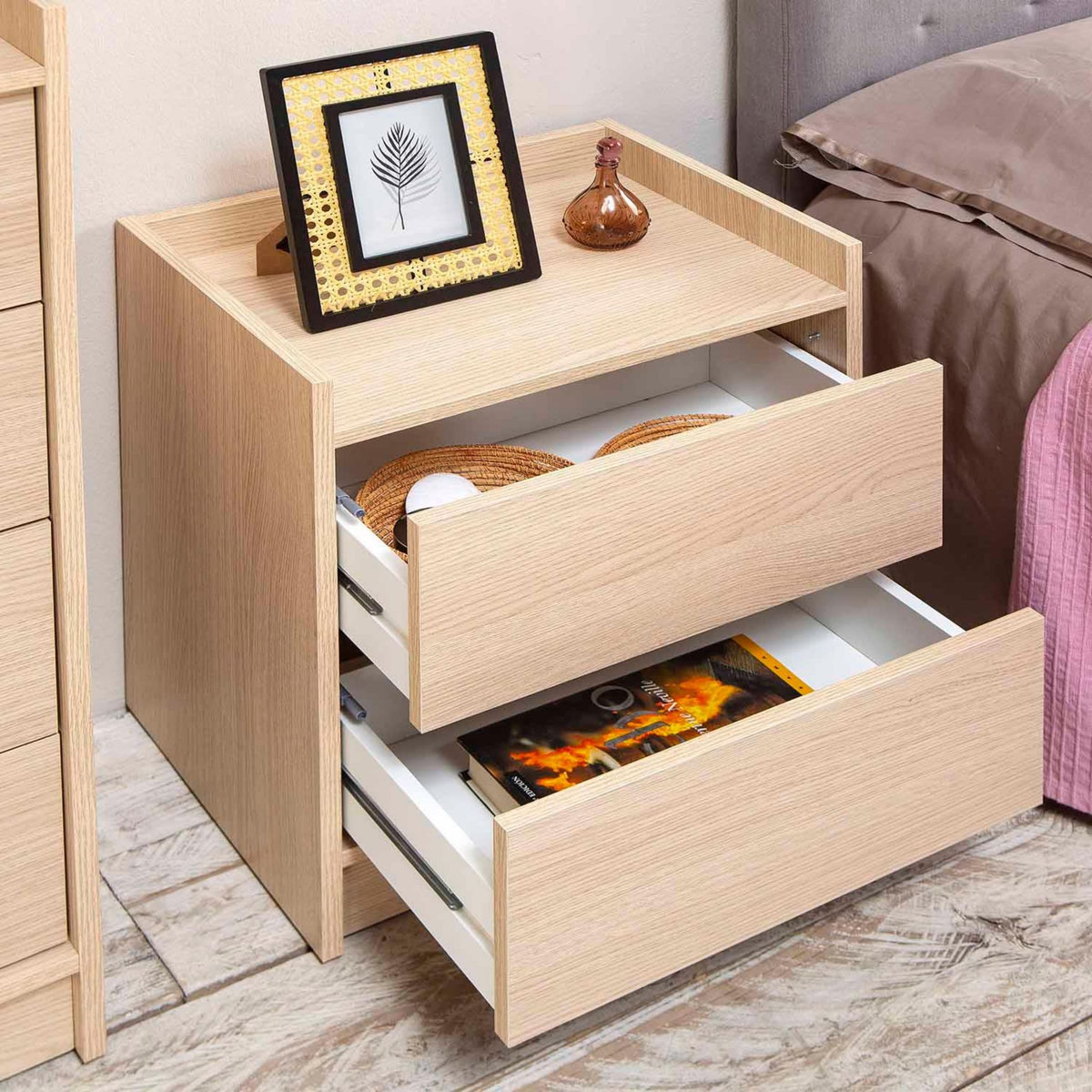 VS VENTA-STOCK Table de Chevet Moscú de 2 tiroirs, Couleur chêne