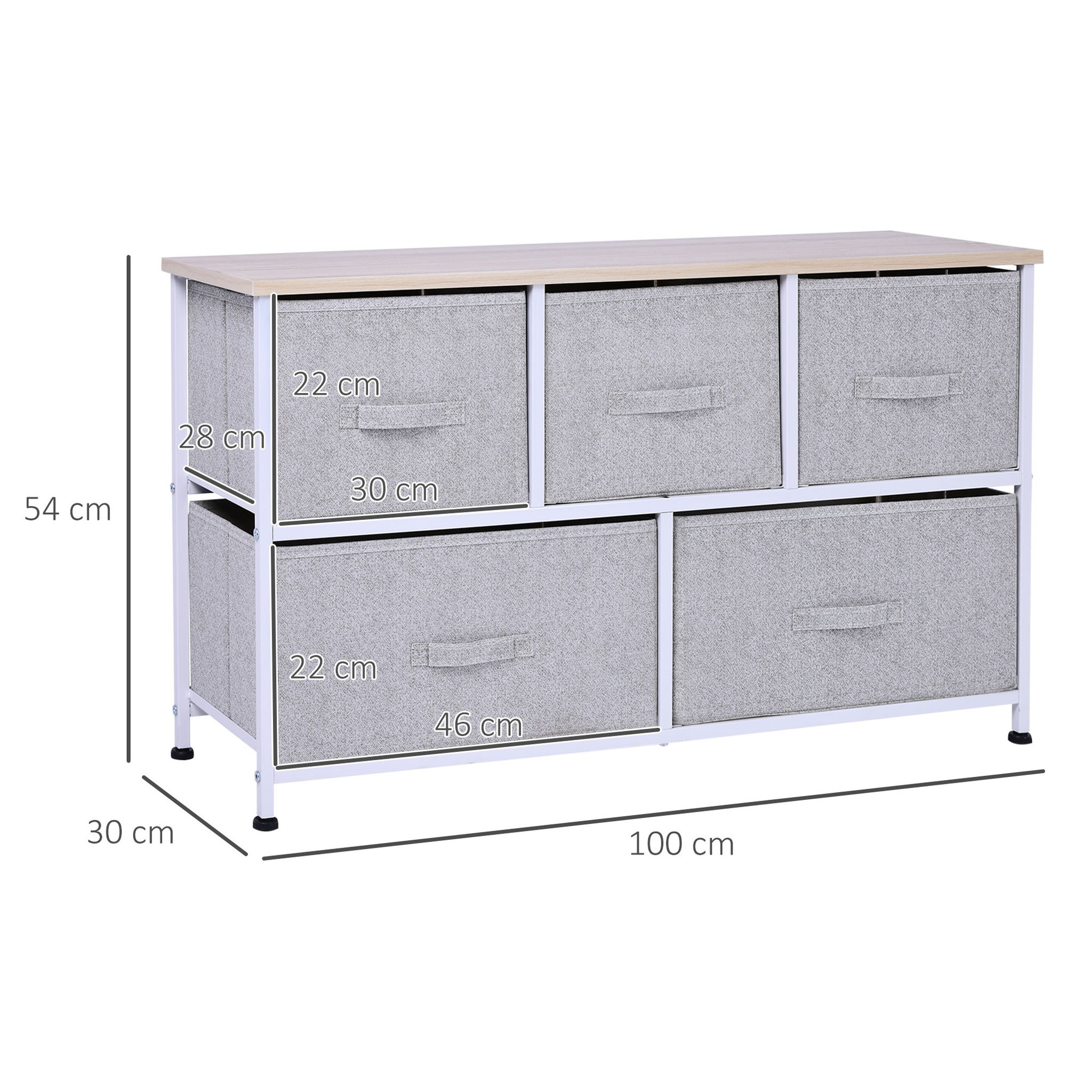 Voir la diapositive 3 : HOMCOM Commode meuble de rangement dim. 100L x 30l x 54H cm 5 tiroirs non-tissés gris structure métal blanc plateau MDF bois clair