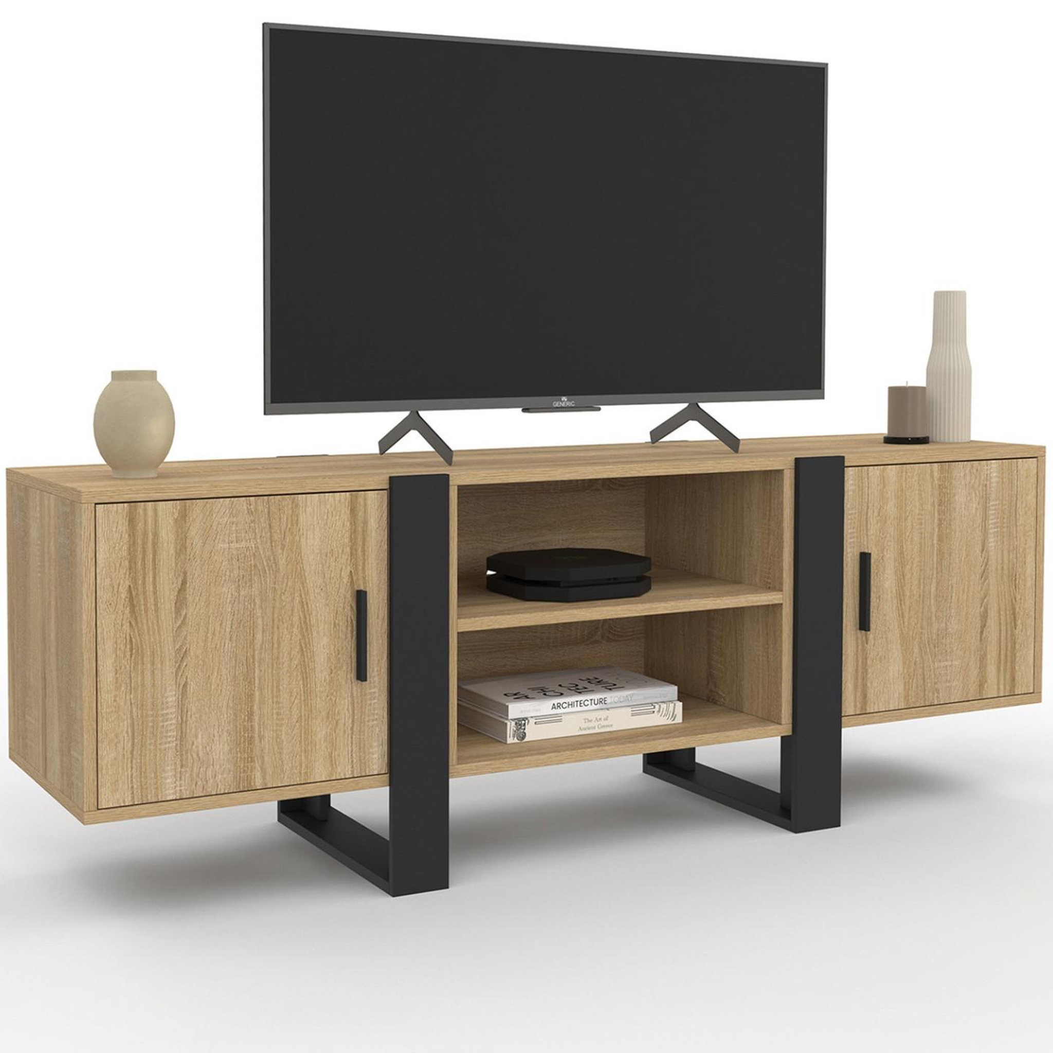 ID MARKET Meuble tv 140 cm phoenix 2 portes bois et noir