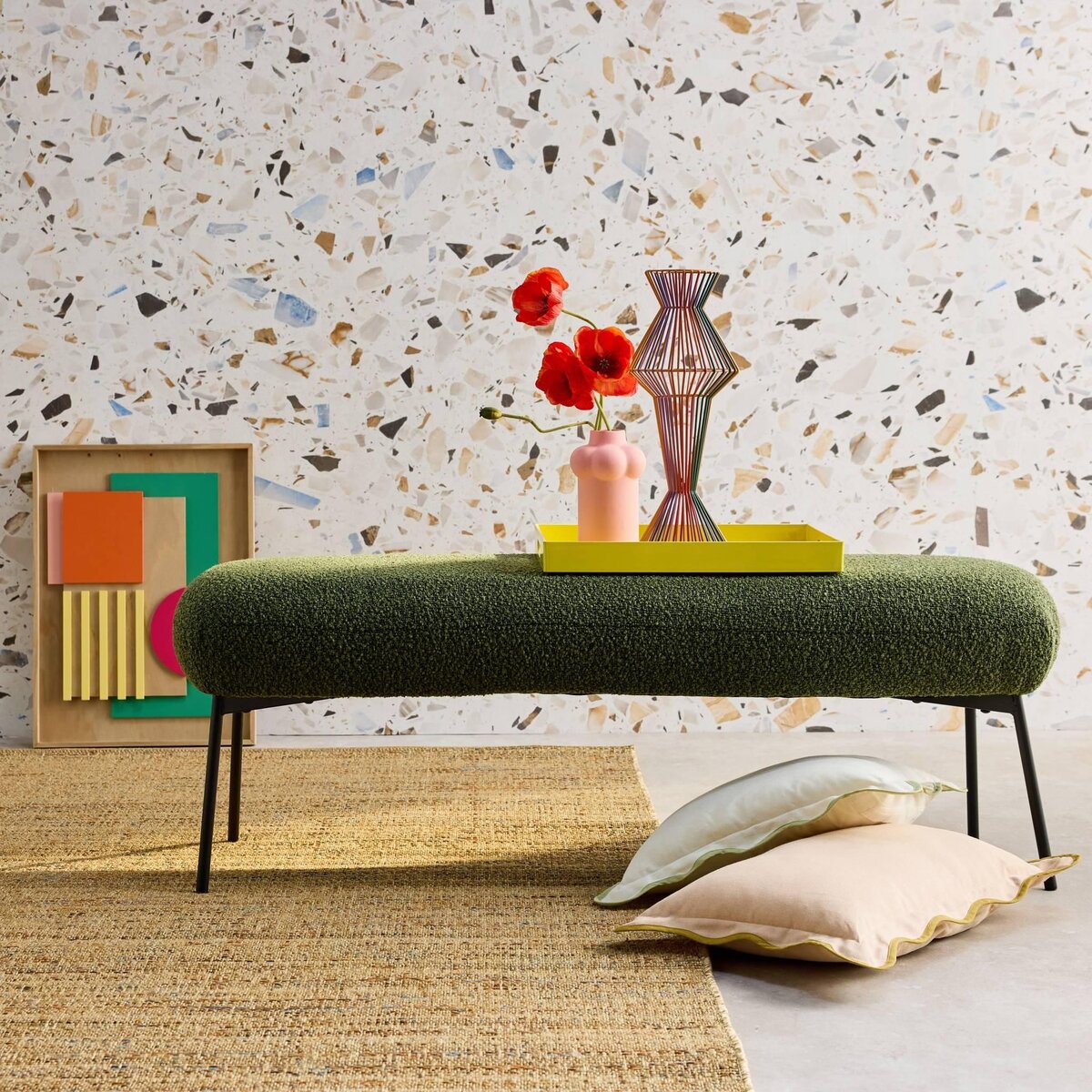 SWEEEK Banc, bout de lit avec revêtement bouclette, pieds en métal noir, L 120 x P 41 x H 42,5 cm