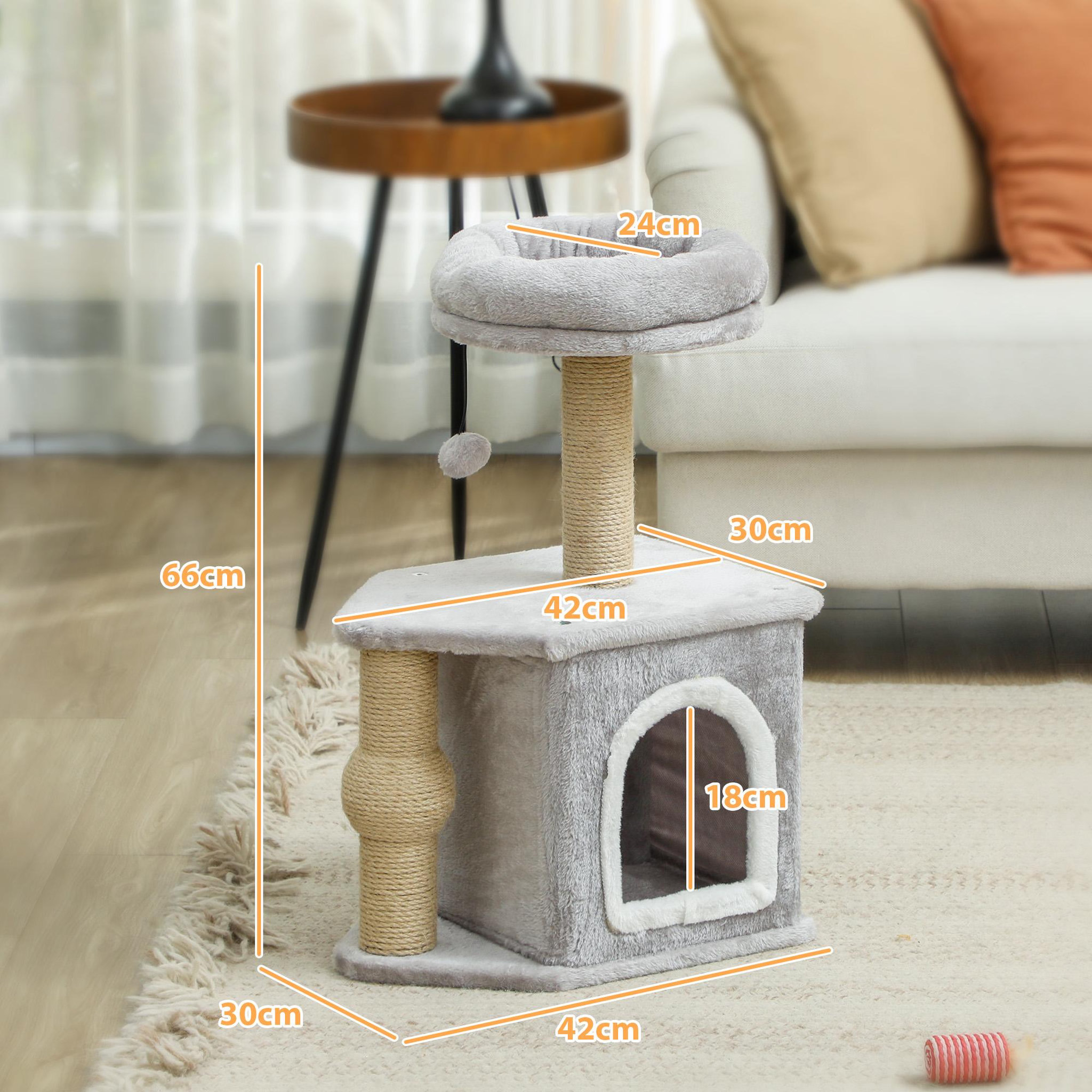 Voir la diapositive 3 : PAWHUT Arbre à chat h.66 cm poteaux à griffer jute lit maison chat plateforme balle de jeu gris