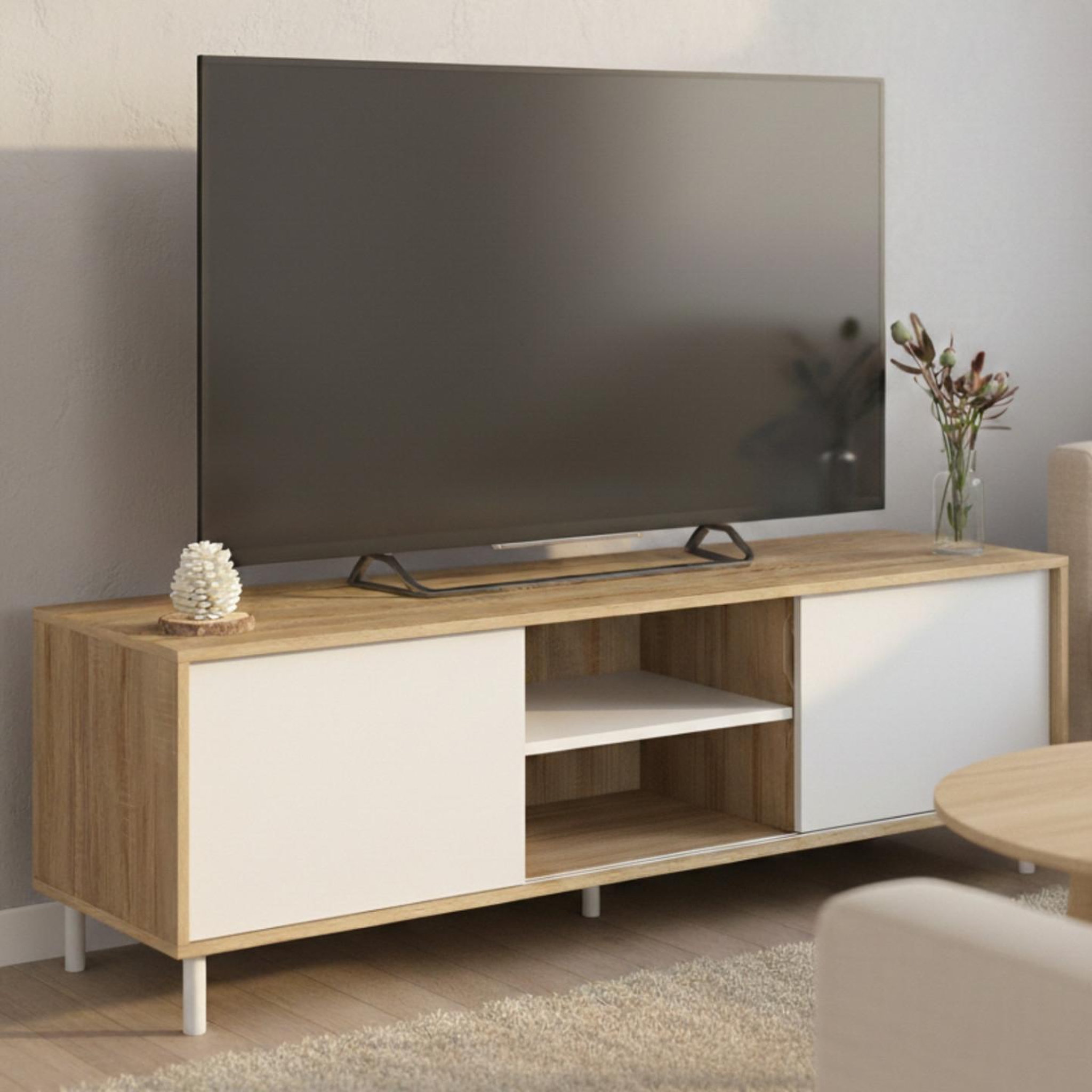 Voir la diapositive 4 : ID MARKET Meuble tv 140 cm easy montage sans outils 2 portes coulissantes réversibles effet bois et blanc