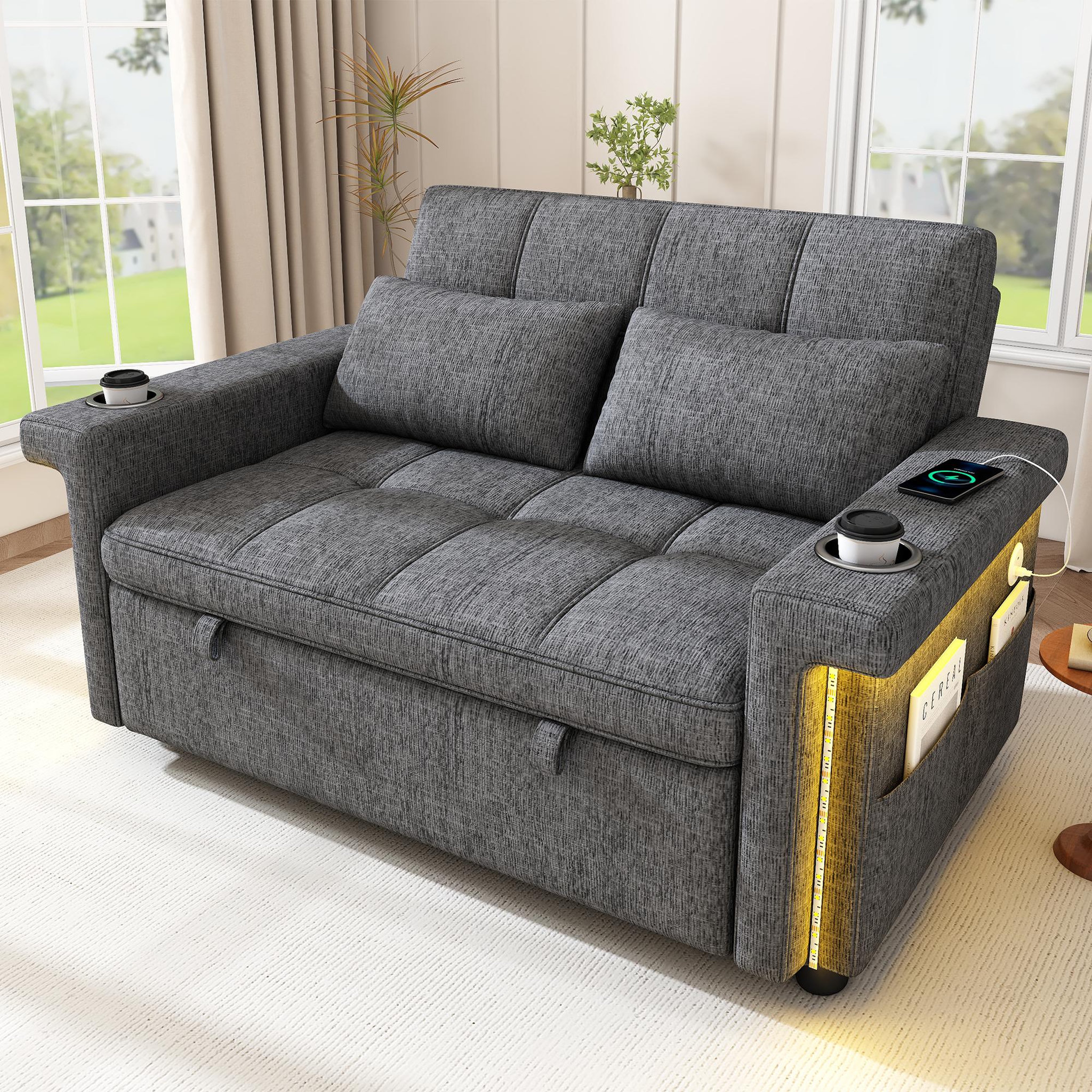 Voir la diapositive 4 : MERAX Canapé convertible 2 places avec dossier réglable et ports usb type-c tissu chenille