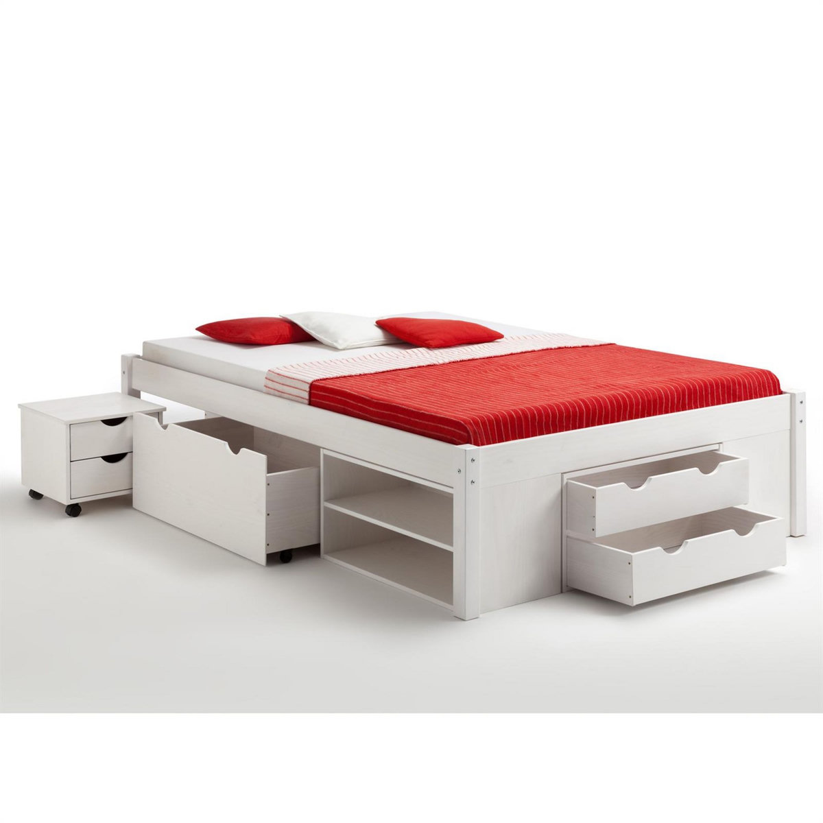 IDIMEX Lit fonctionnel SABRINA lit double pour enfant ou adulte en pin massif blanc, avec 2 tables de chevet et 4 tiroirs de rangements