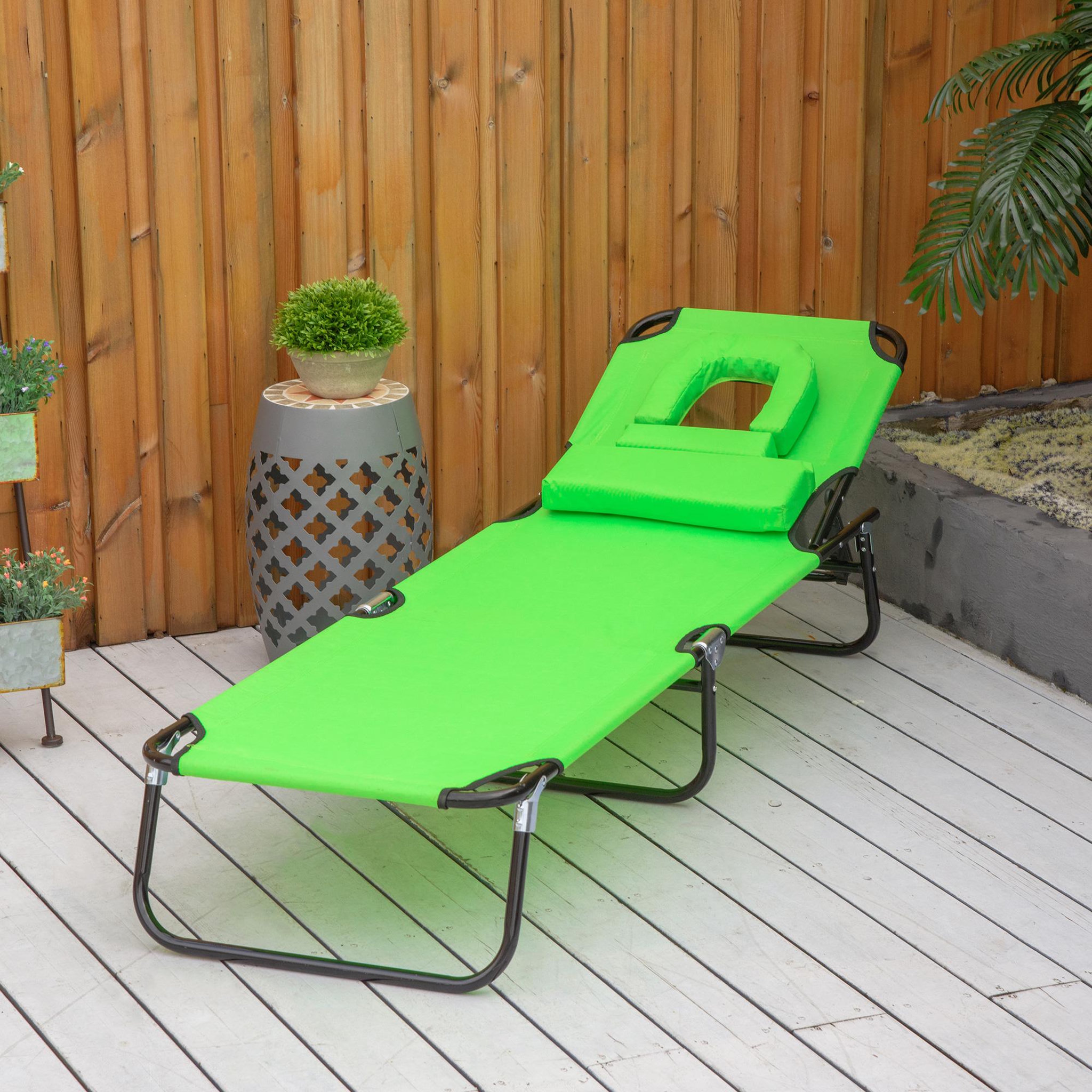 Voir la diapositive 2 : OUTSUNNY Bain de soleil pliable transat inclinable 4 positions chaise longue de lecture 3 coussins fournis vert