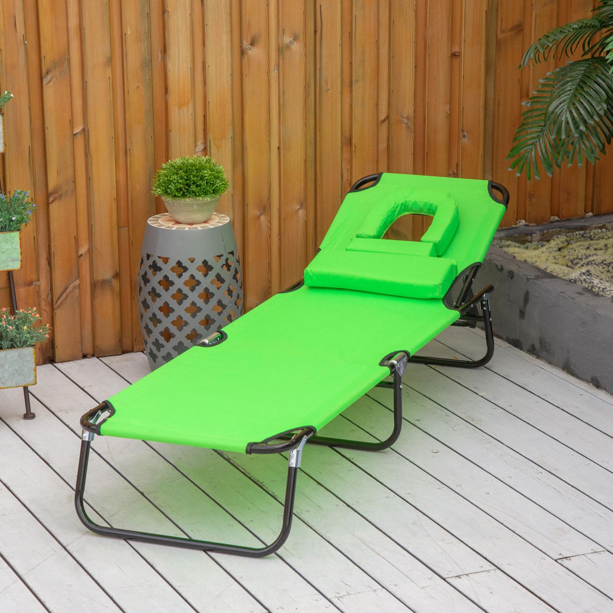 OUTSUNNY Bain de soleil pliable transat inclinable 4 positions chaise longue de lecture 3 coussins fournis vert