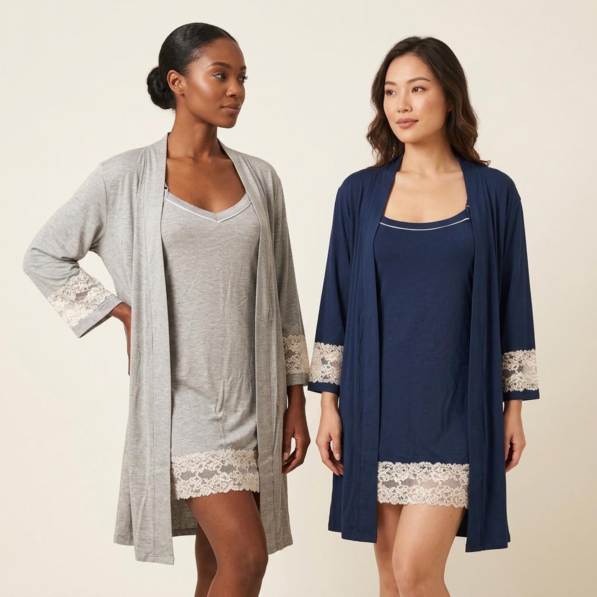Voir la diapositive 4 : OZABI OZABI Nuisette Kimono Femme Dentelle Florale Viscose Loungewear 2 Pièces
