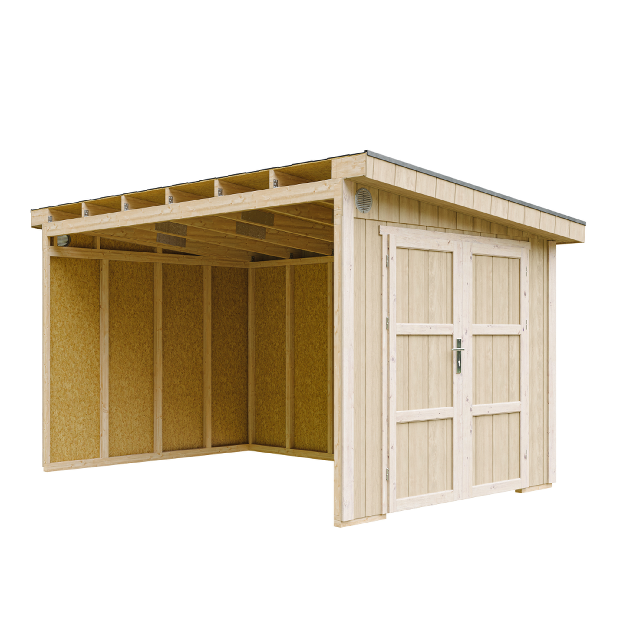 TIMBELA Abri de jardin qualité premium 8,68 m² h231x248x412 cm sans plancher et paroi latérale m939b. Coloris disponibles : Marron, Beige, Rouge, Gris, Jaune