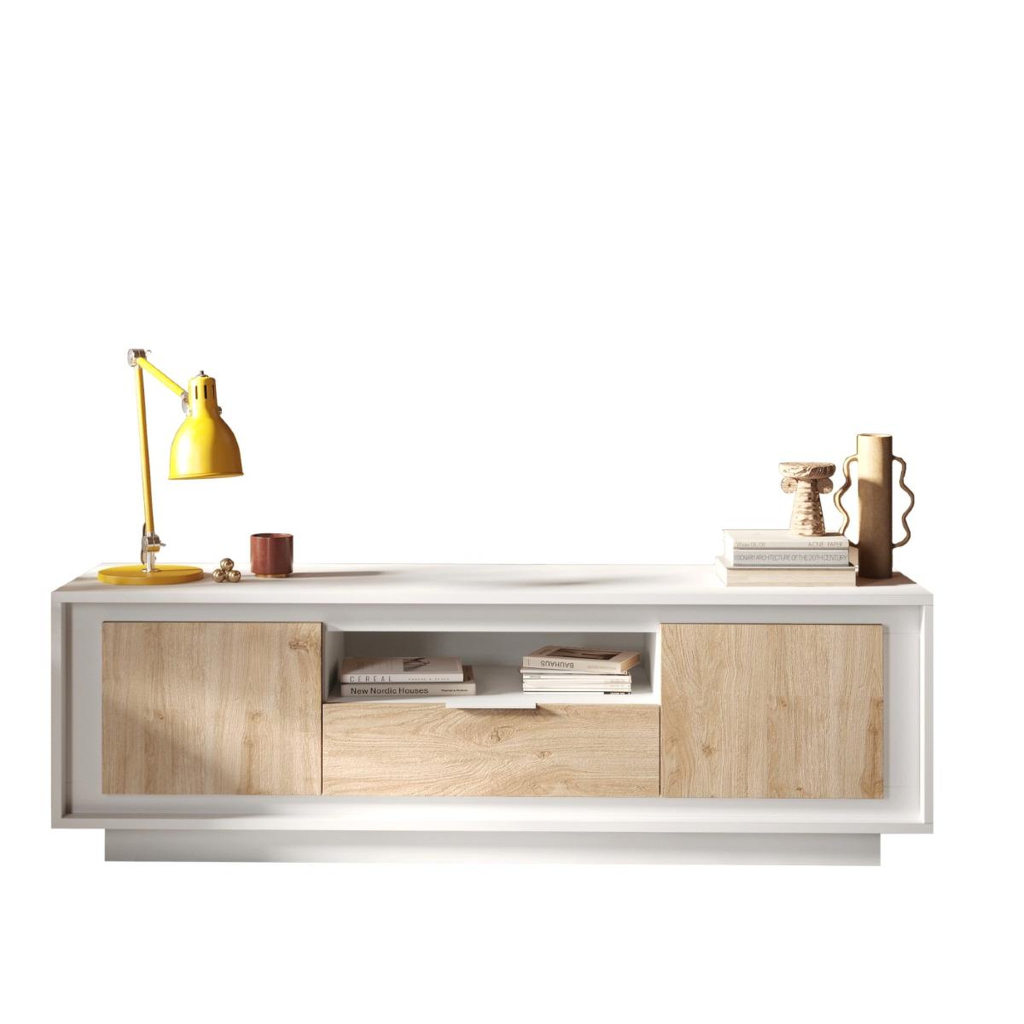 JLC KREATION Meuble tv contemporain 180cm blanc et bois clair yori