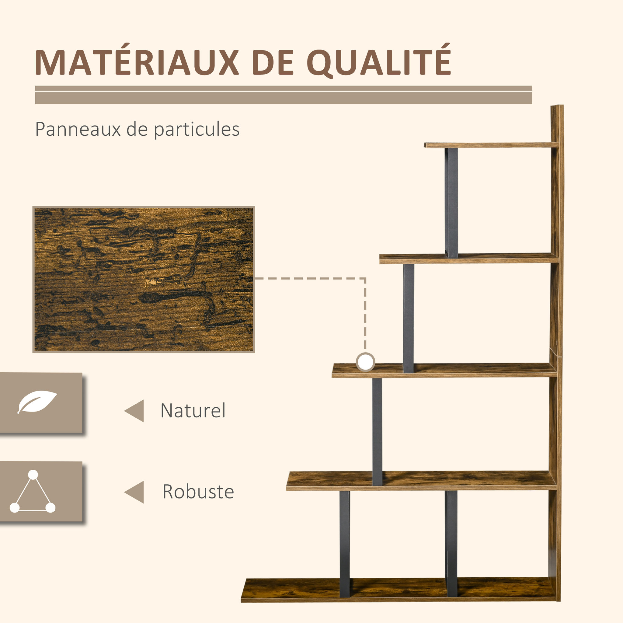 Voir la diapositive 5 : HOMCOM Étagère bibliothèque séparateur de pièce style industriel en escalier 5 étagères dim. 102L x 30l x 160H cm acier noir panneaux particules aspect vieux bois chêne