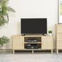 Voir la diapositive 5 : HOMCOM Meuble TV banc TV 2 niches 2 placards porte cannage en rotin dim. 115L x 40l x 48H cm MDF aspect bois clair