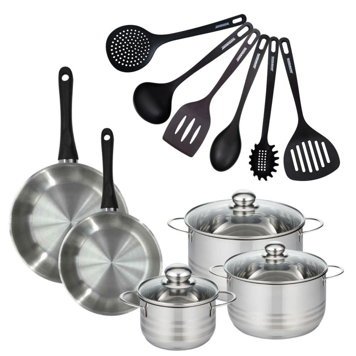 Fackelmann Set de 2 poêles 24 et 28 cm en inox, 3 faitouts inox 16, 20 et 24 cm et 6 ustensiles RPET Fackelmann Geneva