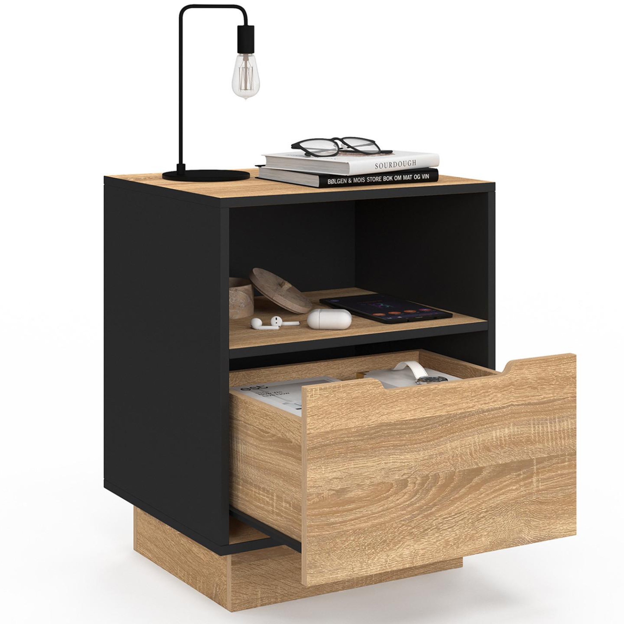 Voir la diapositive 6 : ID MARKET Lot de 2 tables de chevet oxana 1 tiroir avec niche façon hêtre et noir