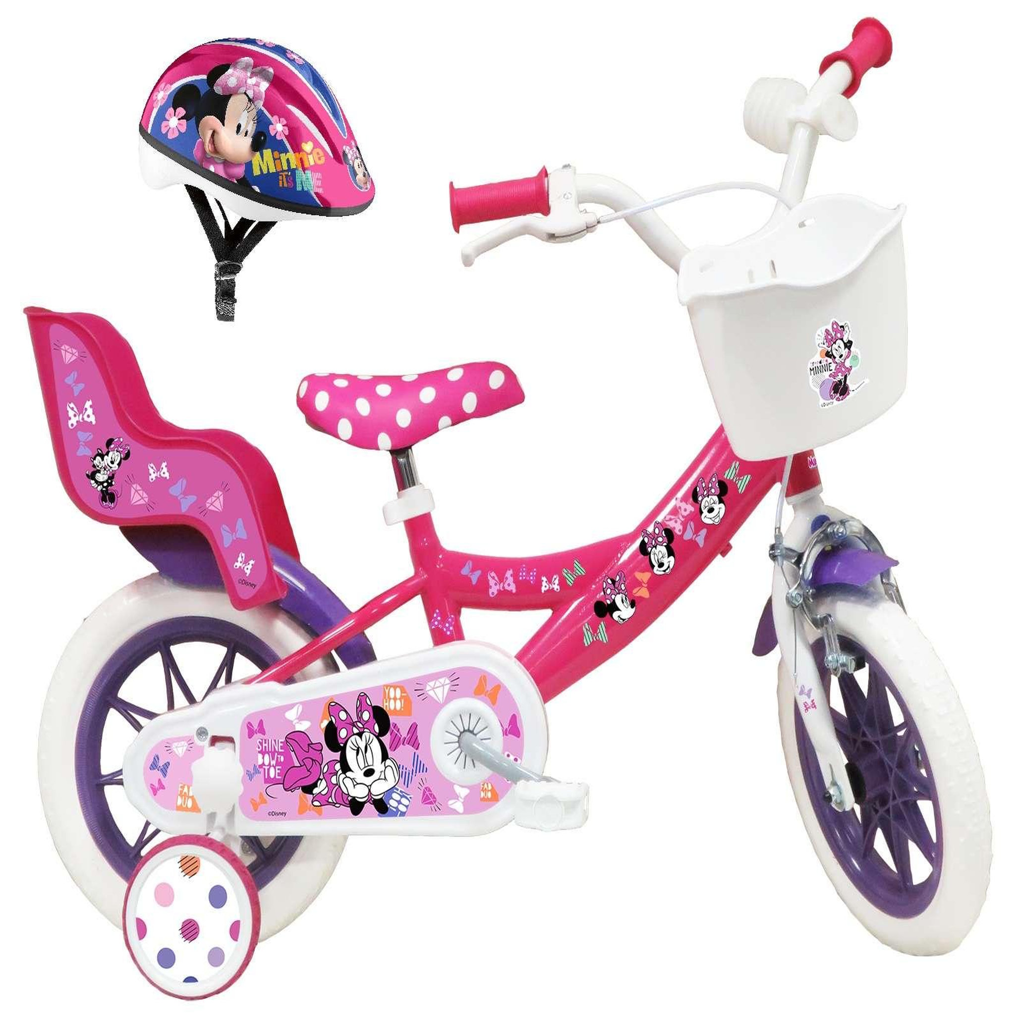 Voir la diapositive 1 : Disney Minnie Vélo enfant - Modèle 12'' Minnie de Disney + Casque pour enfant de 85/100 cm avec stabilisateurs - 1 frein - Panier avant - Porte poupée arrière et roues batons